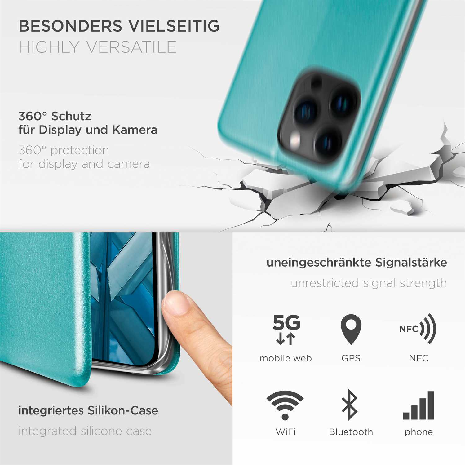 Blaue Handyhülle mit Text über 360° Schutz und Signalstärke. Icons für 5G, Wifi usw.