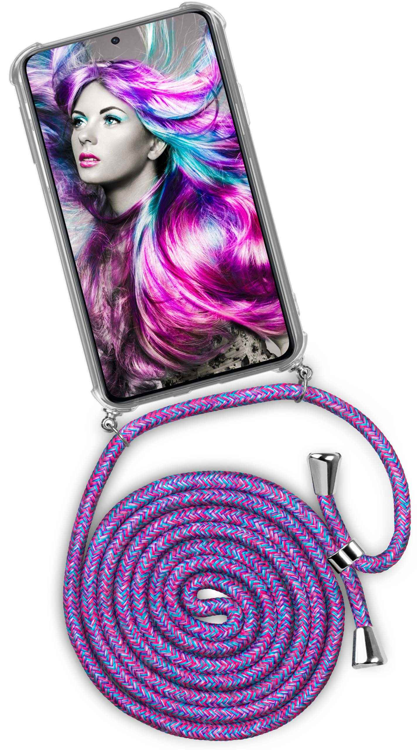 Handyhülle mit einer Frau mit pinken und blauen Haaren. Das Kabel ist pink und blau.