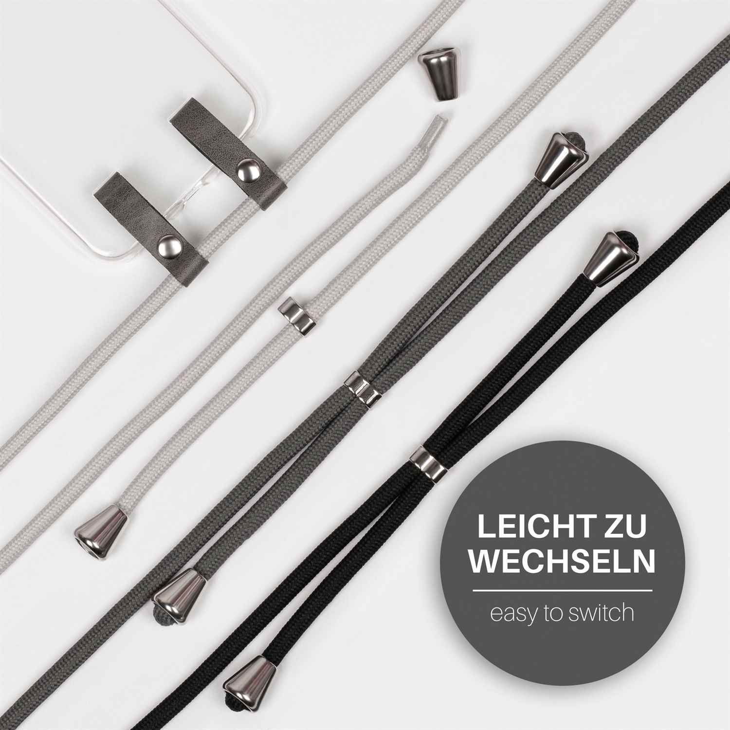 Handy-Lanyard-Kordeln in Grau und Schwarz mit silbernen und konischen Enden, auf weißem Untergrund.