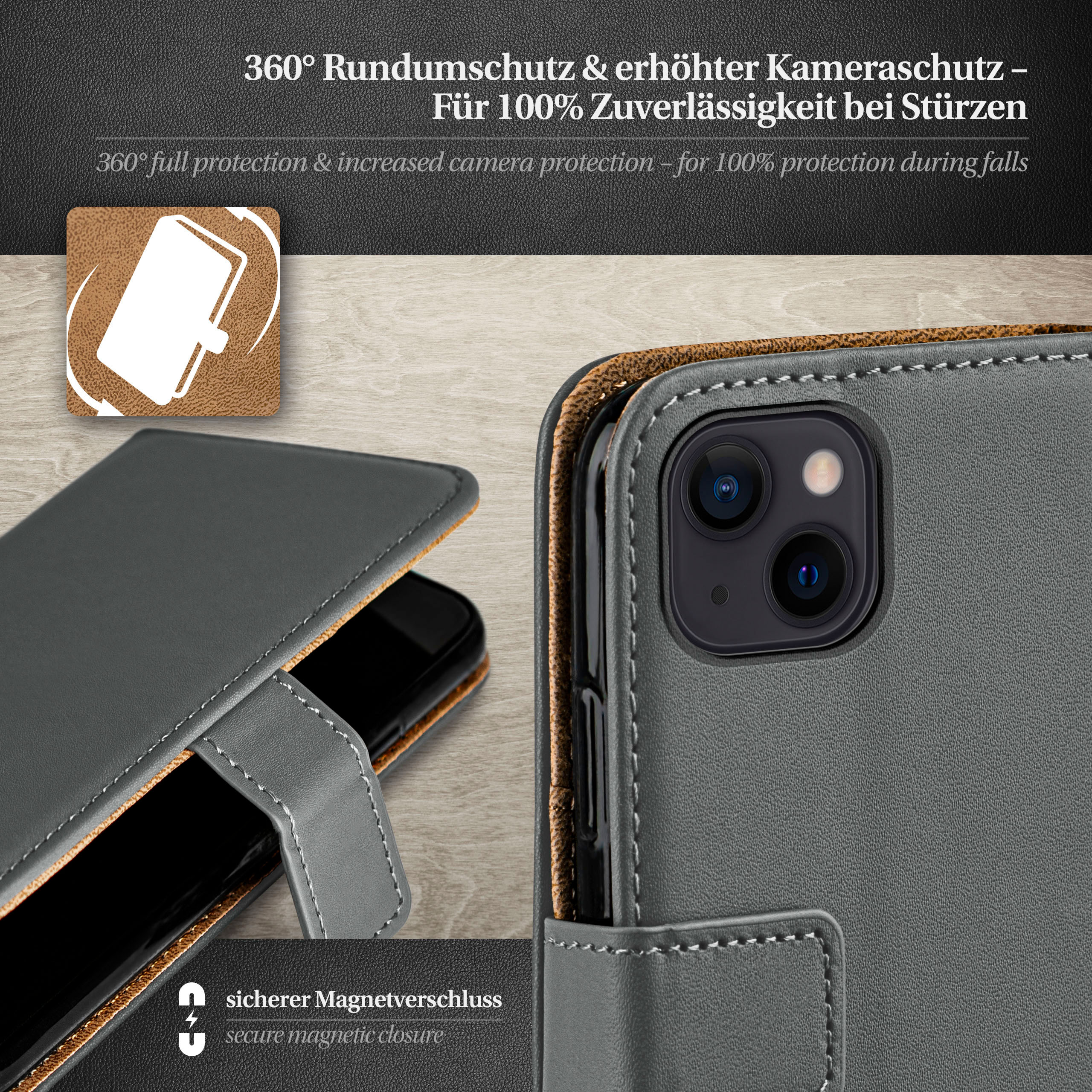 Book Apple, iPhone Anthracite-Gray 13, MOEX Bookcover, Case,