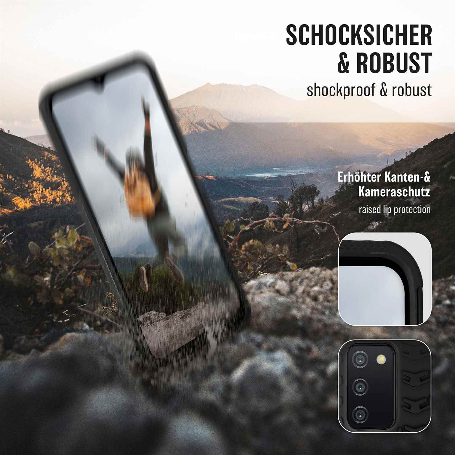 Handyhülle mit Landschaft auf dem Bildschirm. Text: stoßfest & robust.
