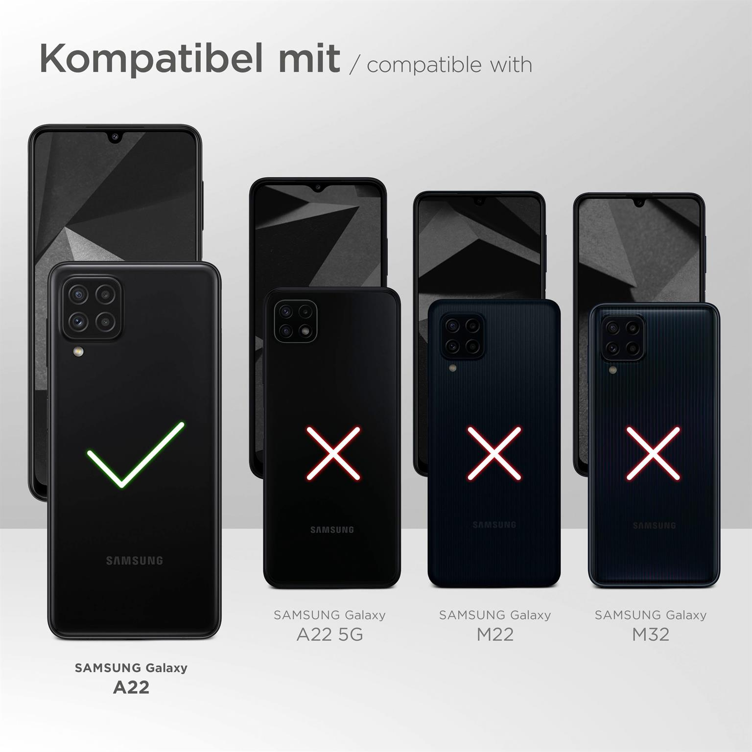 Schwarze Telefone. Haken bei Samsung A22. Kreuze bei anderen Samsung Galaxy Modellen.