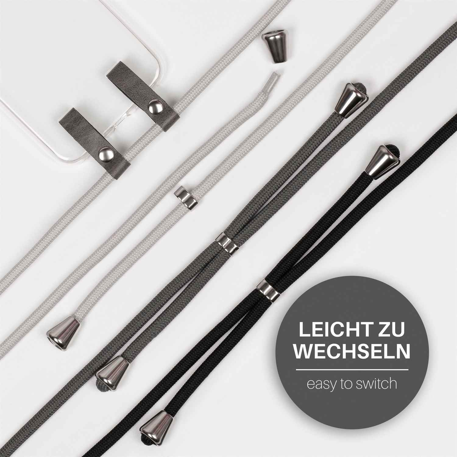 Nahaufnahme verschiedener farbiger Telefon-Lanyards mit silbernen Metallakzenten und einer Handyhülle.