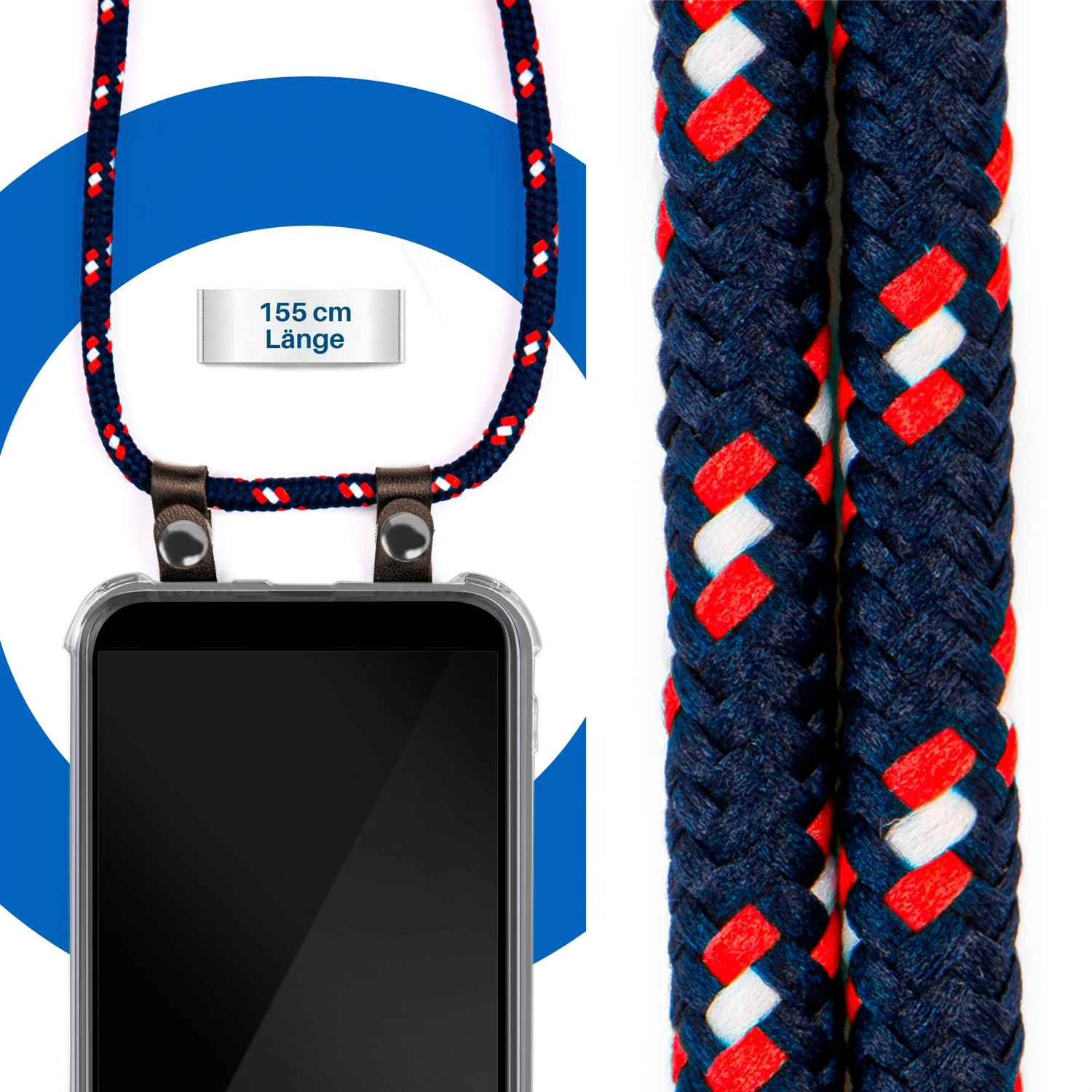 Ein Telefon mit einem marineblauen, roten und weißen Seilriemen. Ein blauer Kreis im Hintergrund.