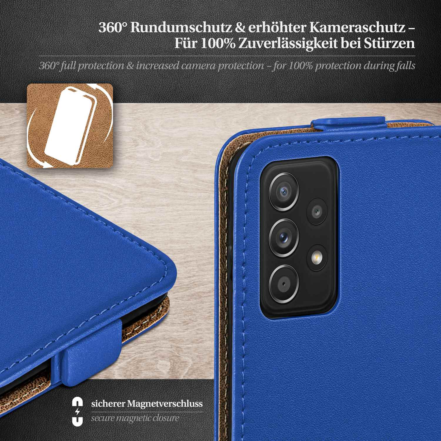 Blaue Handyhülle mit Schutzdesign und Magnetverschluss, Nahaufnahme.