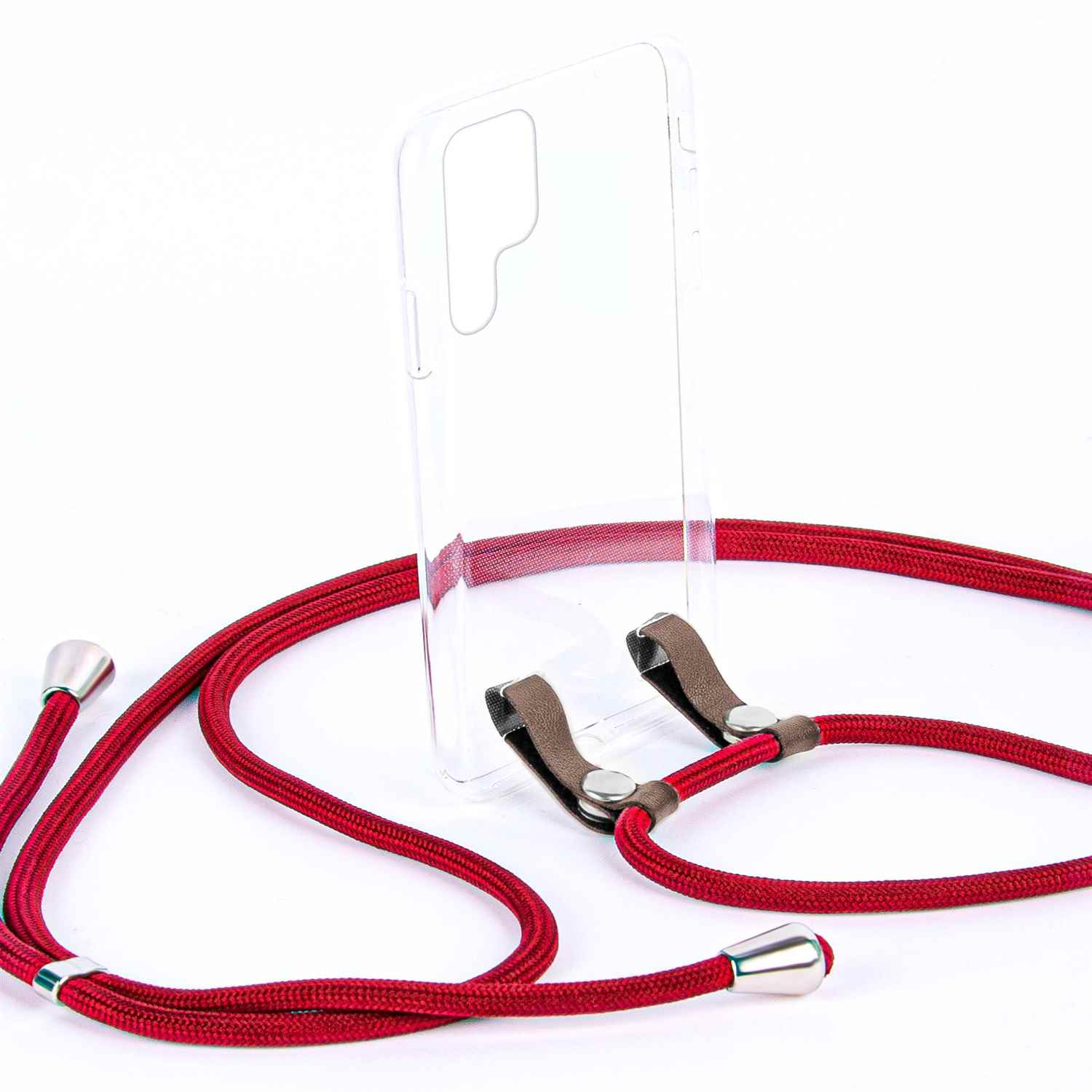 Ein roter Telefonriemen mit einer durchsichtigen Handyhülle. Der Riemen hat Metallenden und Lederbefestigungen.