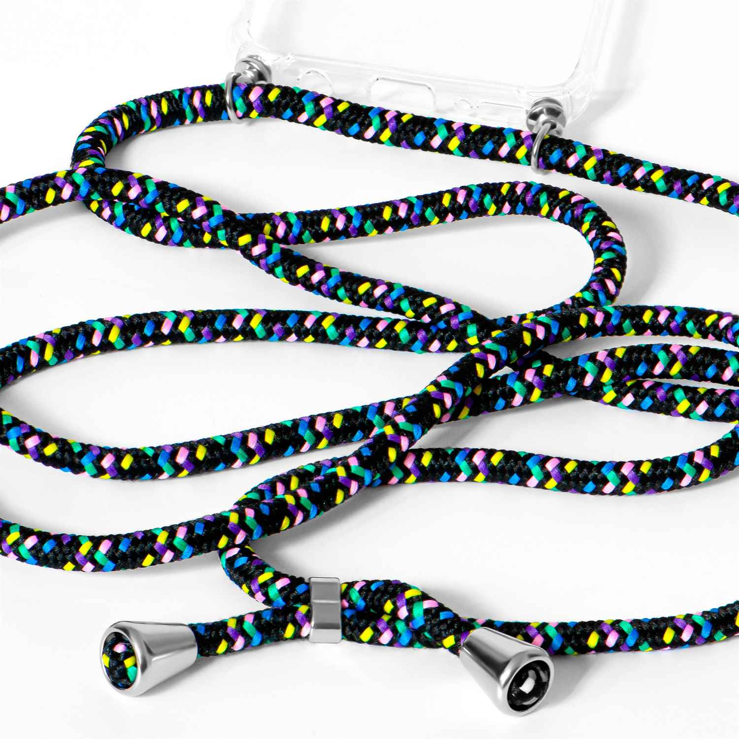 Nahaufnahme eines schwarzen Telefon-Lanyards mit bunten Akzenten und silbernen Metallenden.
