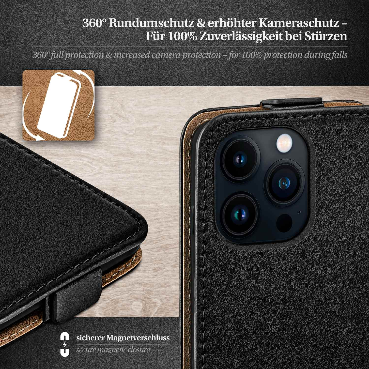 Nahaufnahme einer schwarzen Leder-Handyhülle mit Steppnaht, Magnetverschluss und befestigtem Telefon.