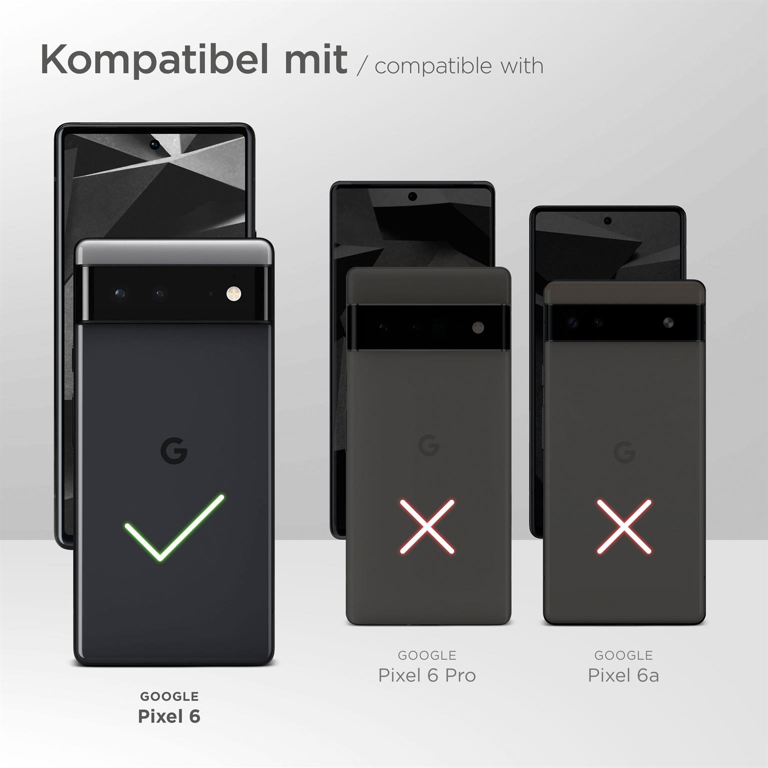 Handyhüllen: Google Pixel 6 ist kompatibel, Pixel 6 Pro und 6a sind inkompatibel.