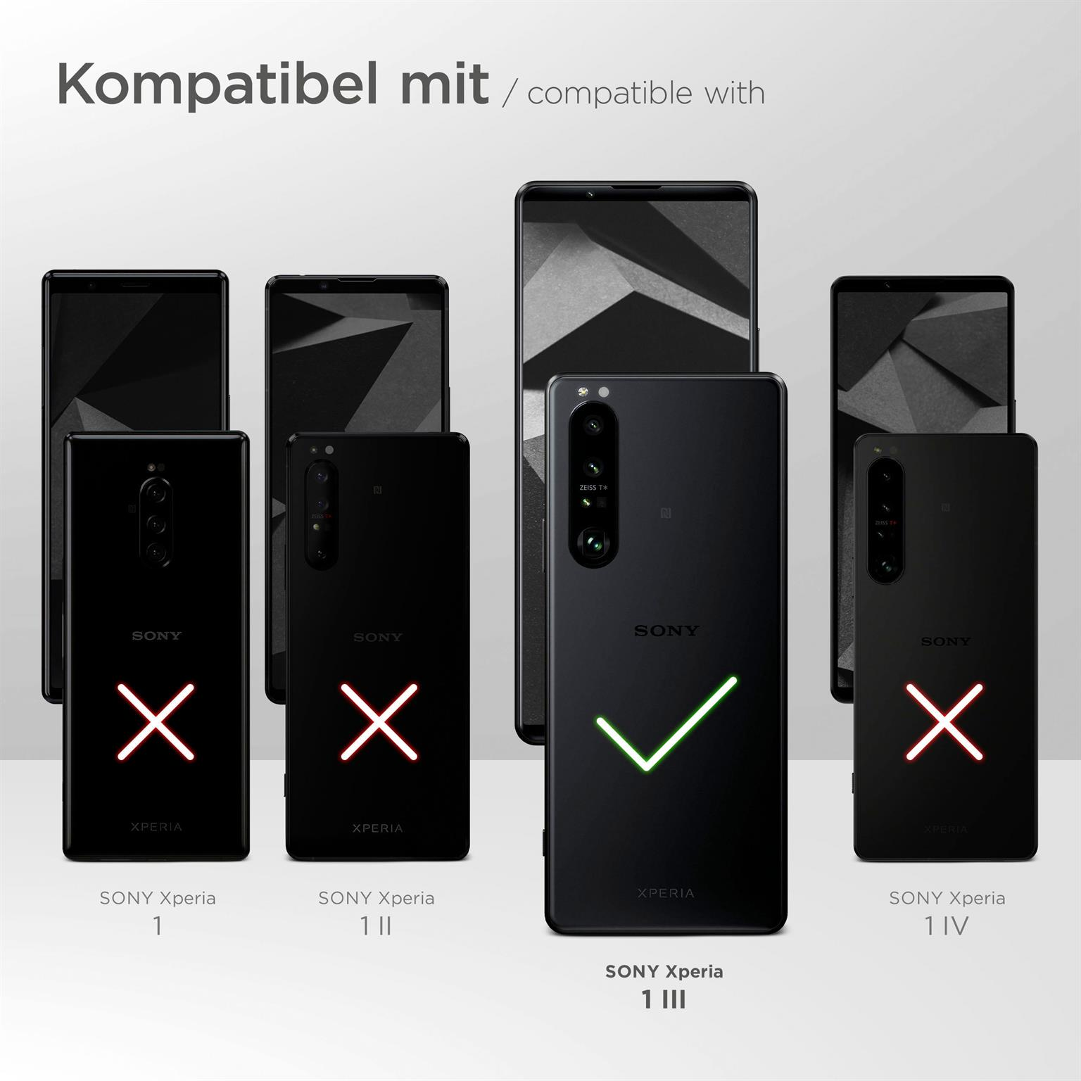Schwarze Telefone mit Sony-Logo. Xperia 1 III ist kompatibel, andere nicht.
