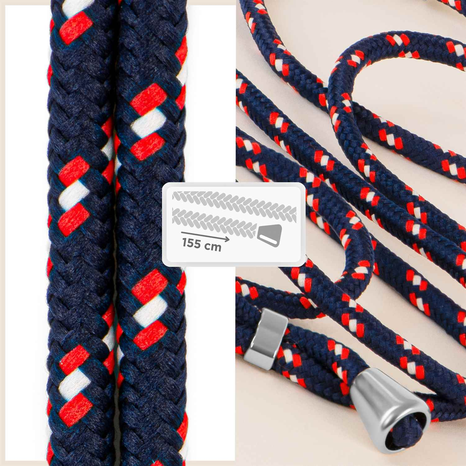 Geflochtene marineblaue Telefonkabel mit roten und weißen Akzenten, 155 cm Messwerkzeug.