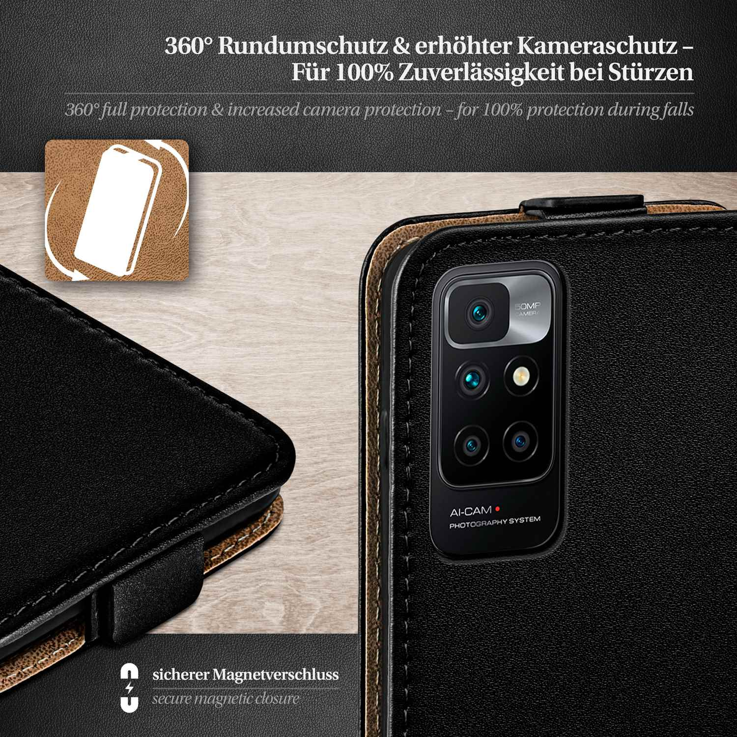 Nahaufnahme einer Handyhülle mit Telefon. Die Hülle ist schwarz, mit braunen Lederakzenten.