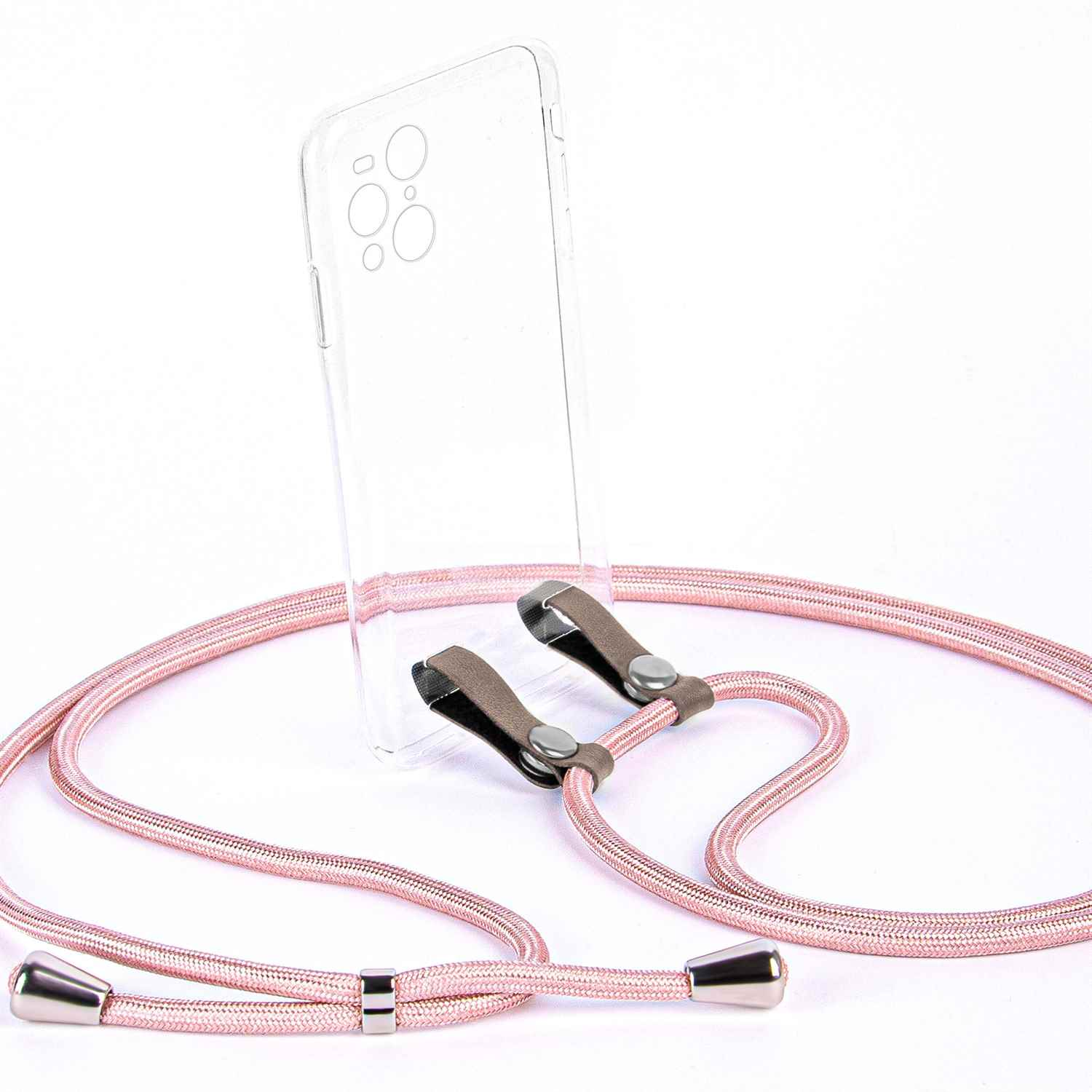 Rosa Telefon-Lanyard mit klarer Handyhülle. Silberne Akzente und weißer Hintergrund. Das Seil ist verdreht.