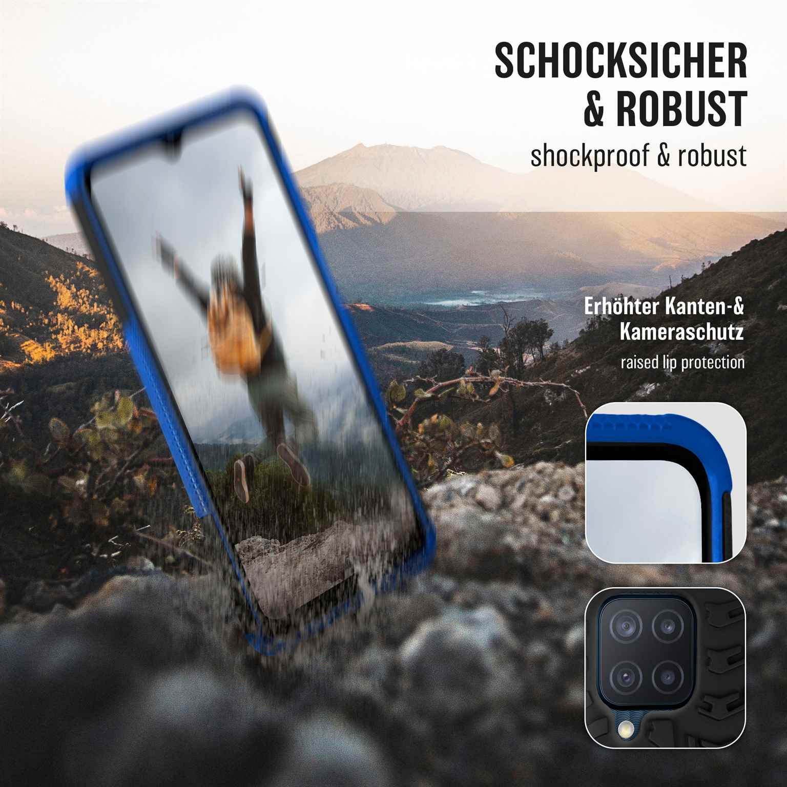 Ein Telefon in einer blauen Hülle wird gezeigt, wobei der Aufprallschutz und die Bildschirmsicherheitsmerkmale hervorgehoben werden.
