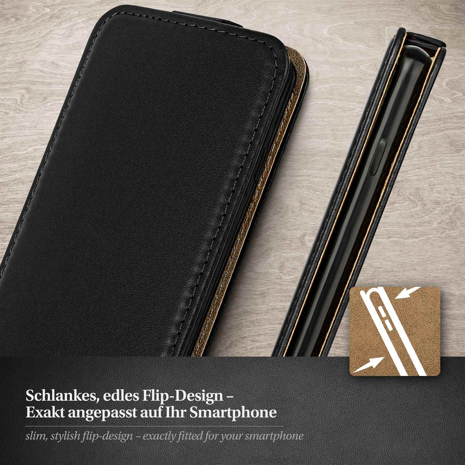 Schwarze Leder-Handyhülle mit goldenen Akzenten auf einer Holzoberfläche. Text beschreibt das Design.