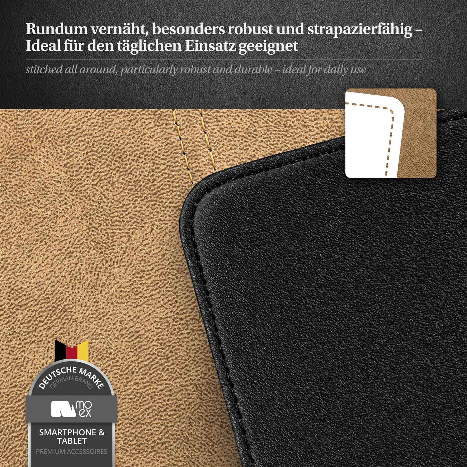 Nahaufnahme von schwarz-braunem strukturiertem Material mit Text. Unten links befindet sich ein Logo.