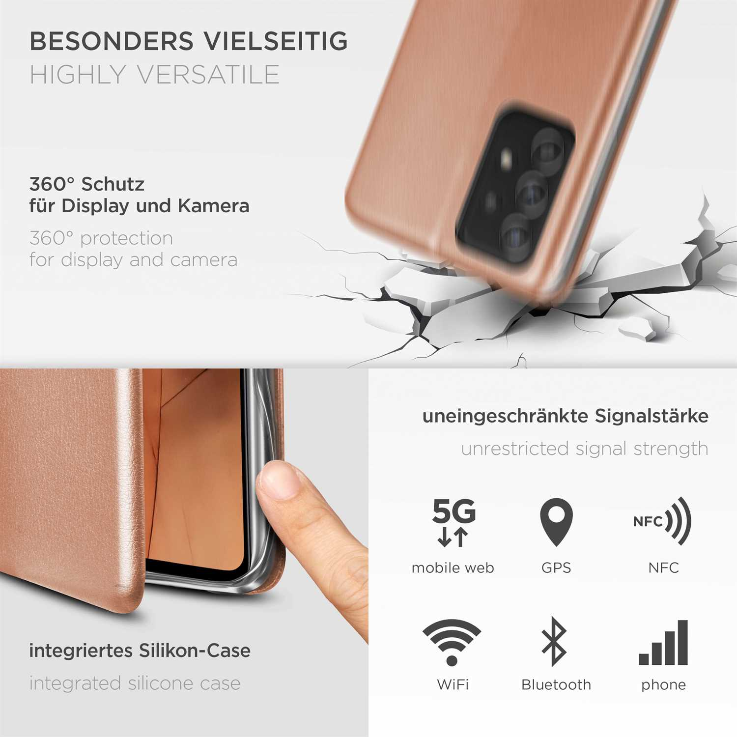 Handyhülle mit Text: sehr vielseitig. Symbole für 5G, GPS, NFC, WLAN, Bluetooth und Telefon.