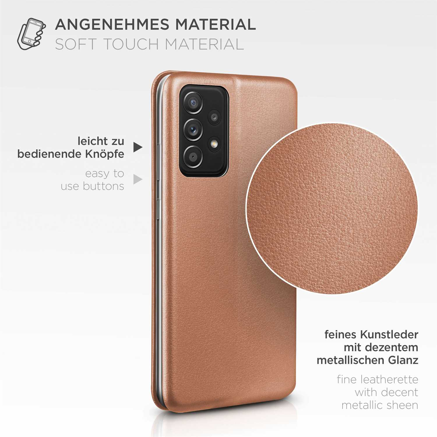 Eine Handyhülle in Bronzefarbe und eine Nahaufnahme der Textur. Es steht: Soft-Touch-Material.