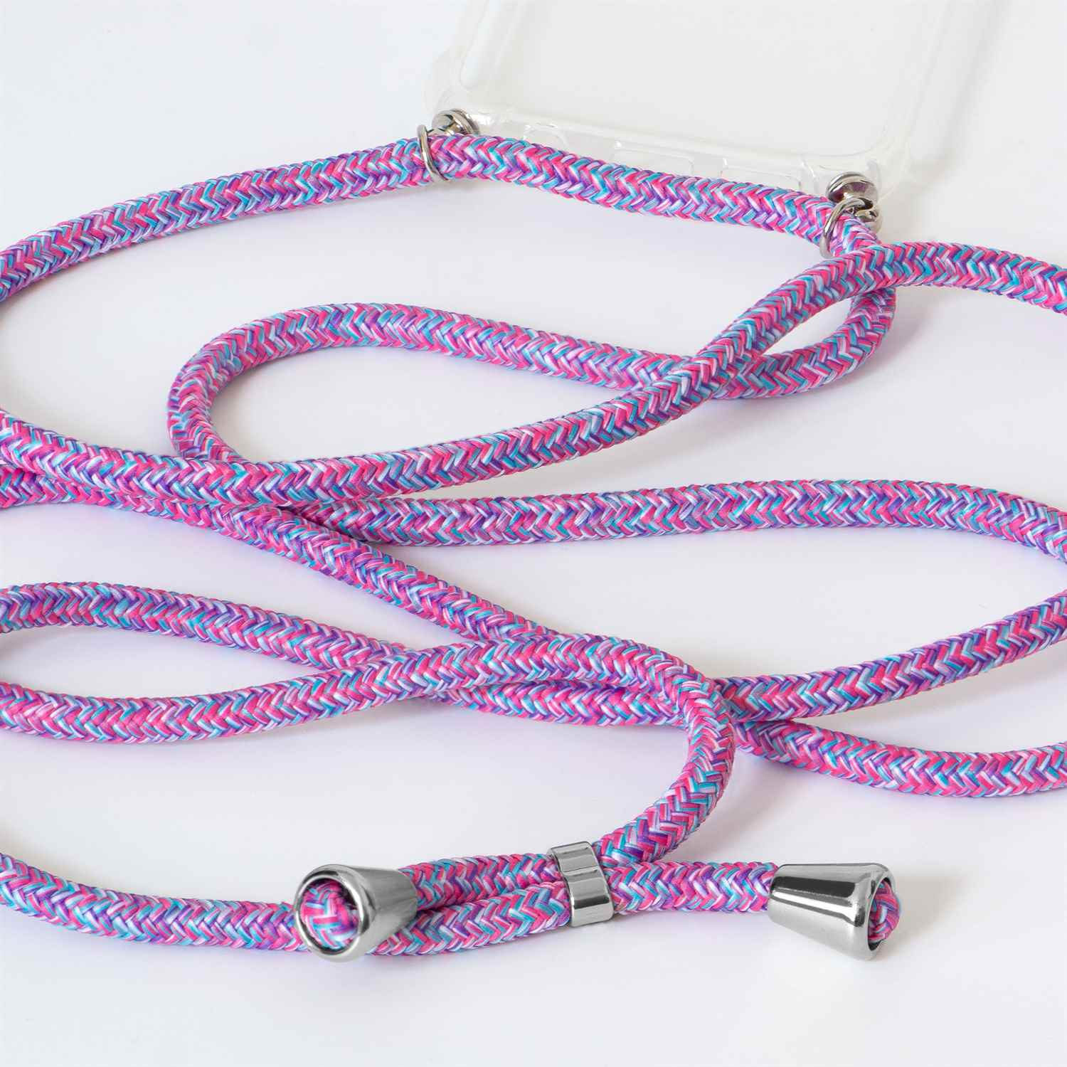 Nahaufnahme eines pink-blau gemusterten Telefon-Lanyards mit einer durchsichtigen Handyhülle.