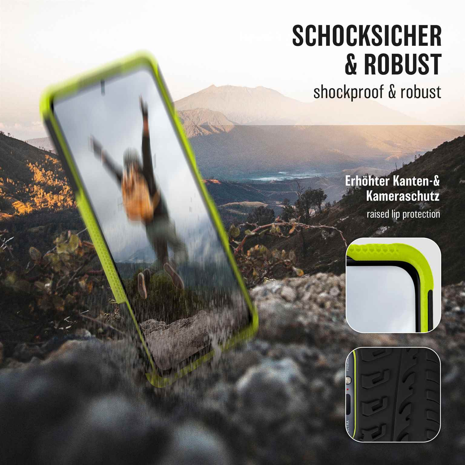 Handyhülle mit springender Person. Text: stoßfest & robust. Erhöhter Lippenschutz.