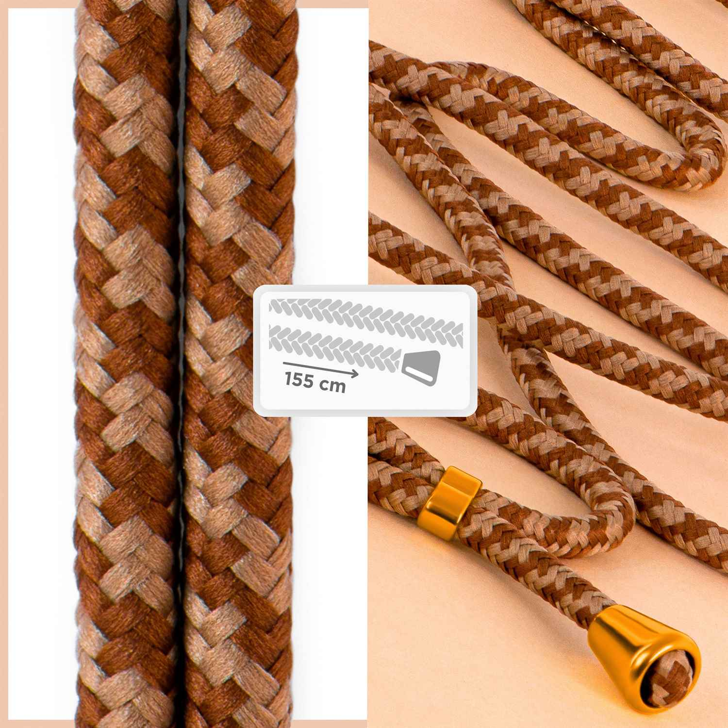 Braune Handykordel mit goldenen Enden. Die Kordel ist geflochten und verbunden. Text '155 cm'.