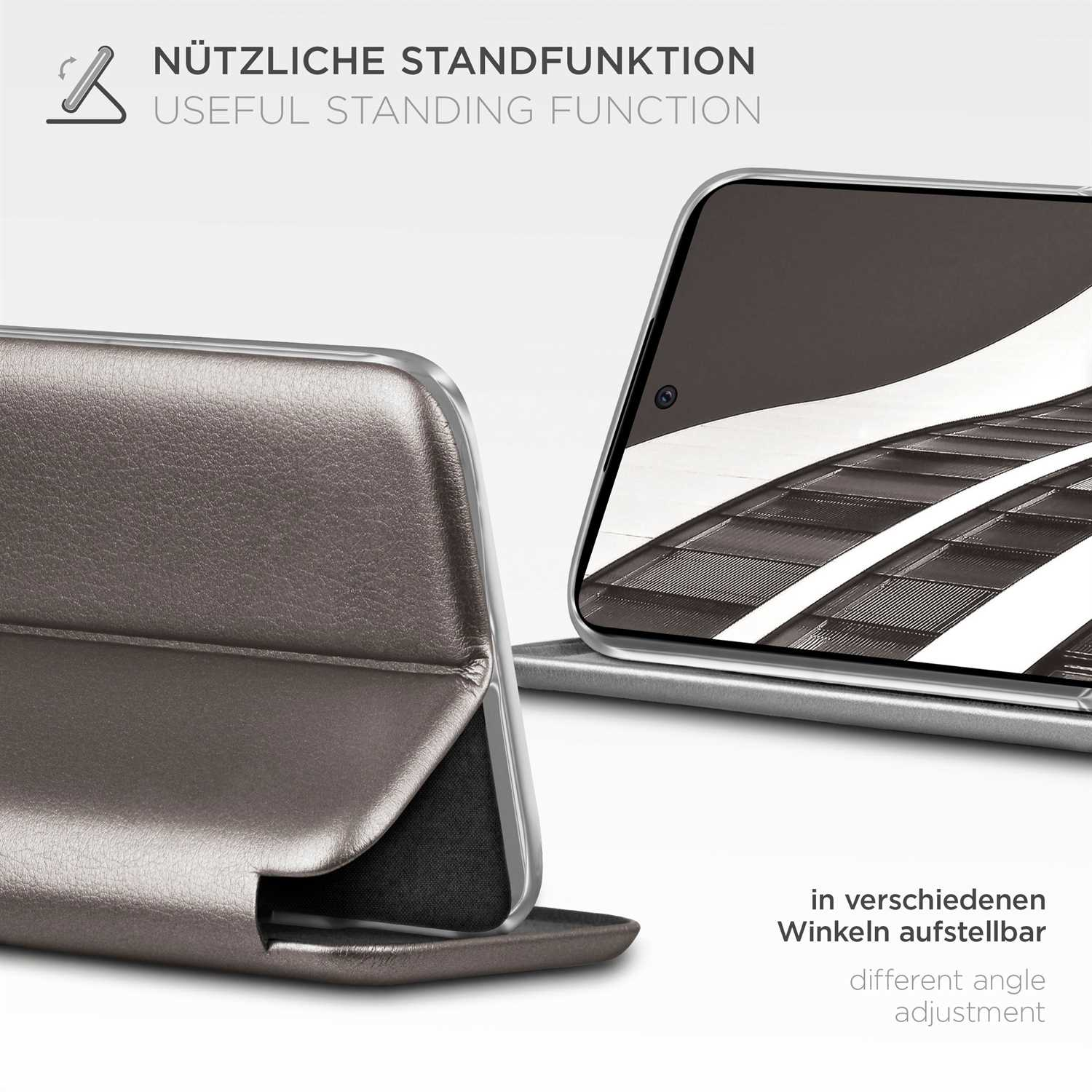 Handyhülle mit verschiedenen Winkeln, mit Text 'nützliche Standfunktion'.