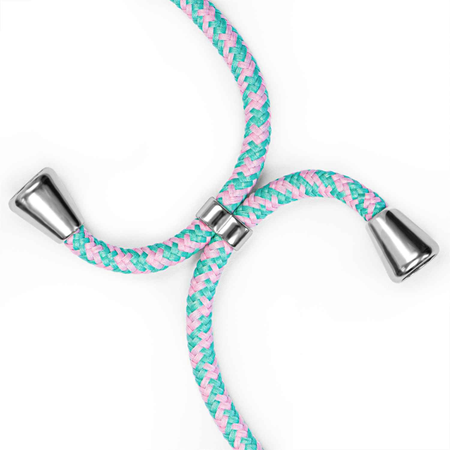 Pinkes und tealfarbenes Handy-Lanyard mit silbernen Spitzen. Geflochtene Textur.