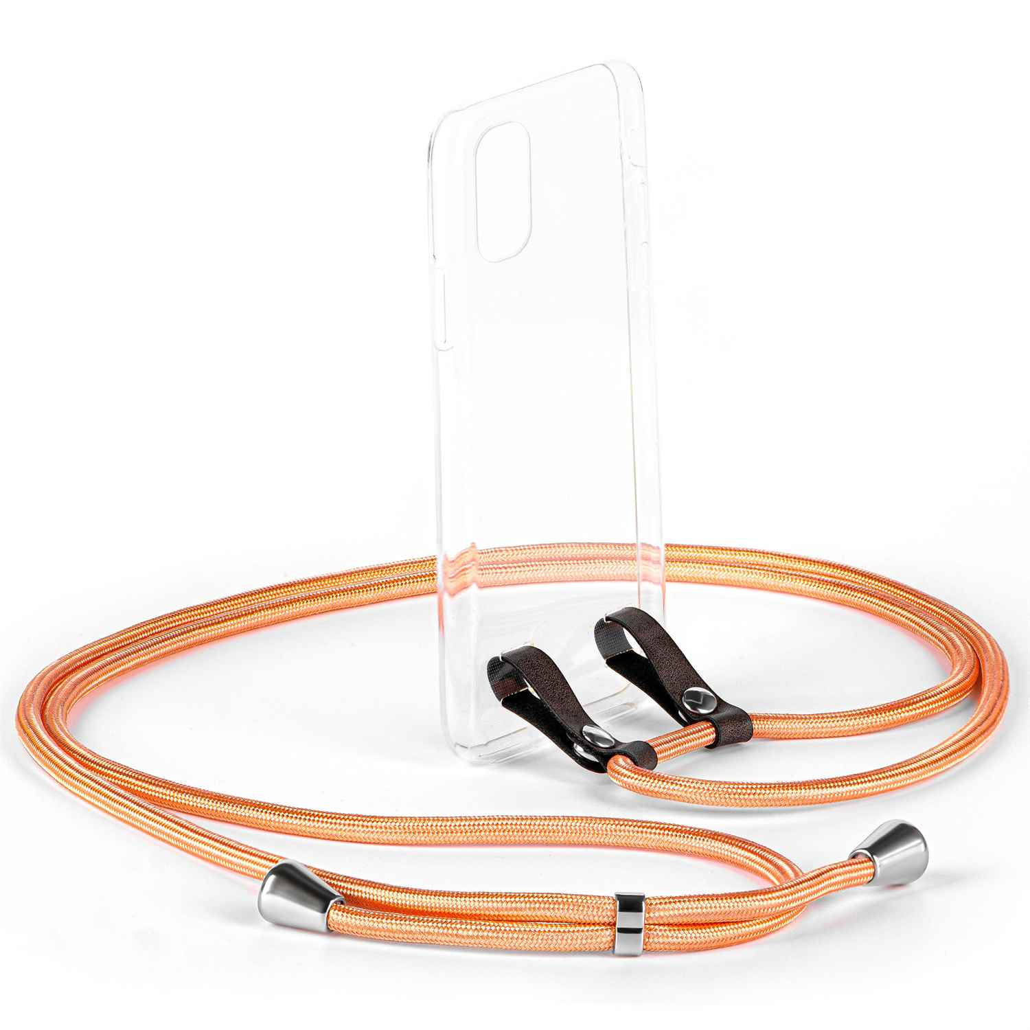 Klare Handyhülle mit orangefarbenem Seil. Seil hat schwarze Lederverschlüsse und silberne Metallakzente.
