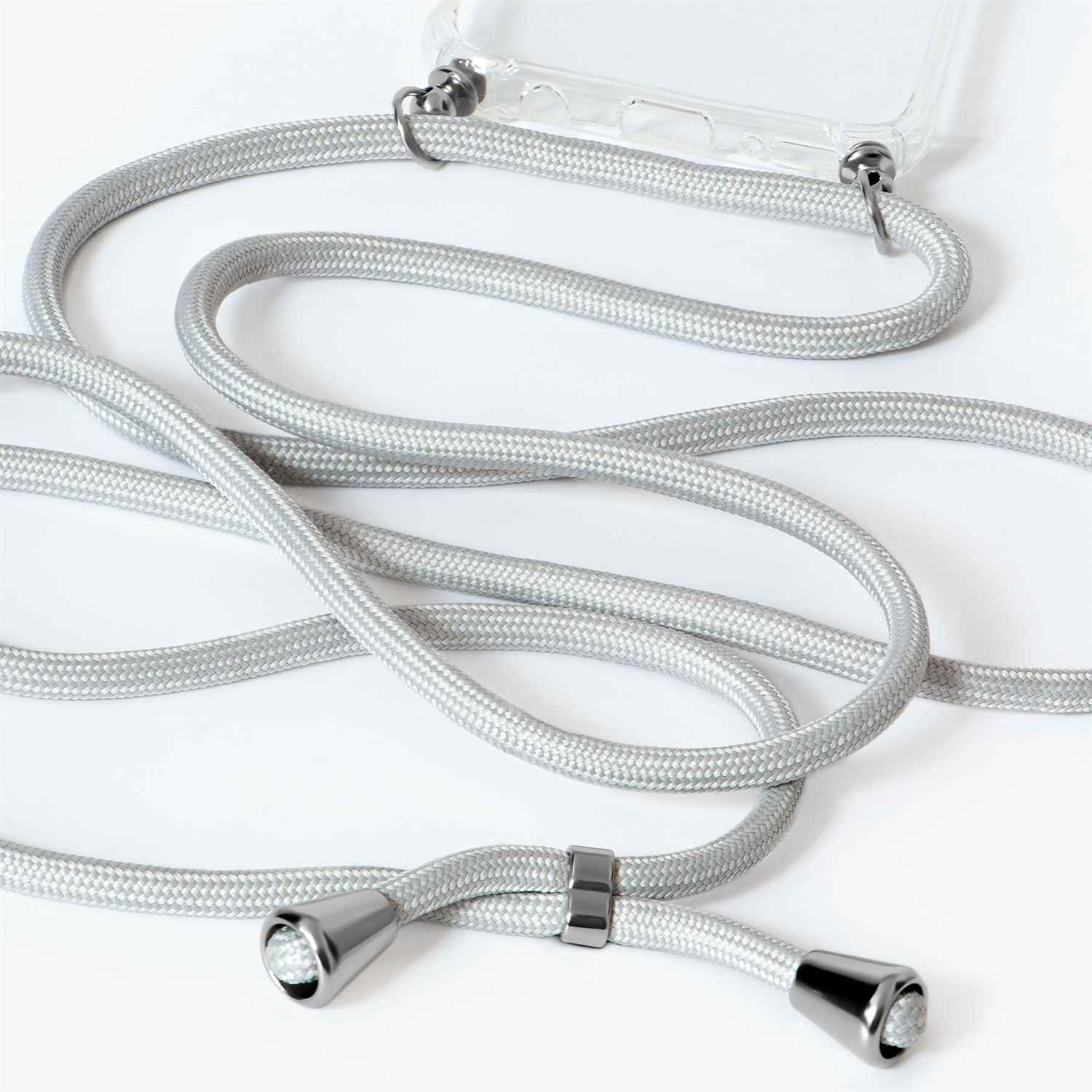 Silbernes Telefon-Lanyard mit transparenter Handyhülle. Das Lanyard hat silberne Akzente und befindet sich auf weißem Hintergrund.