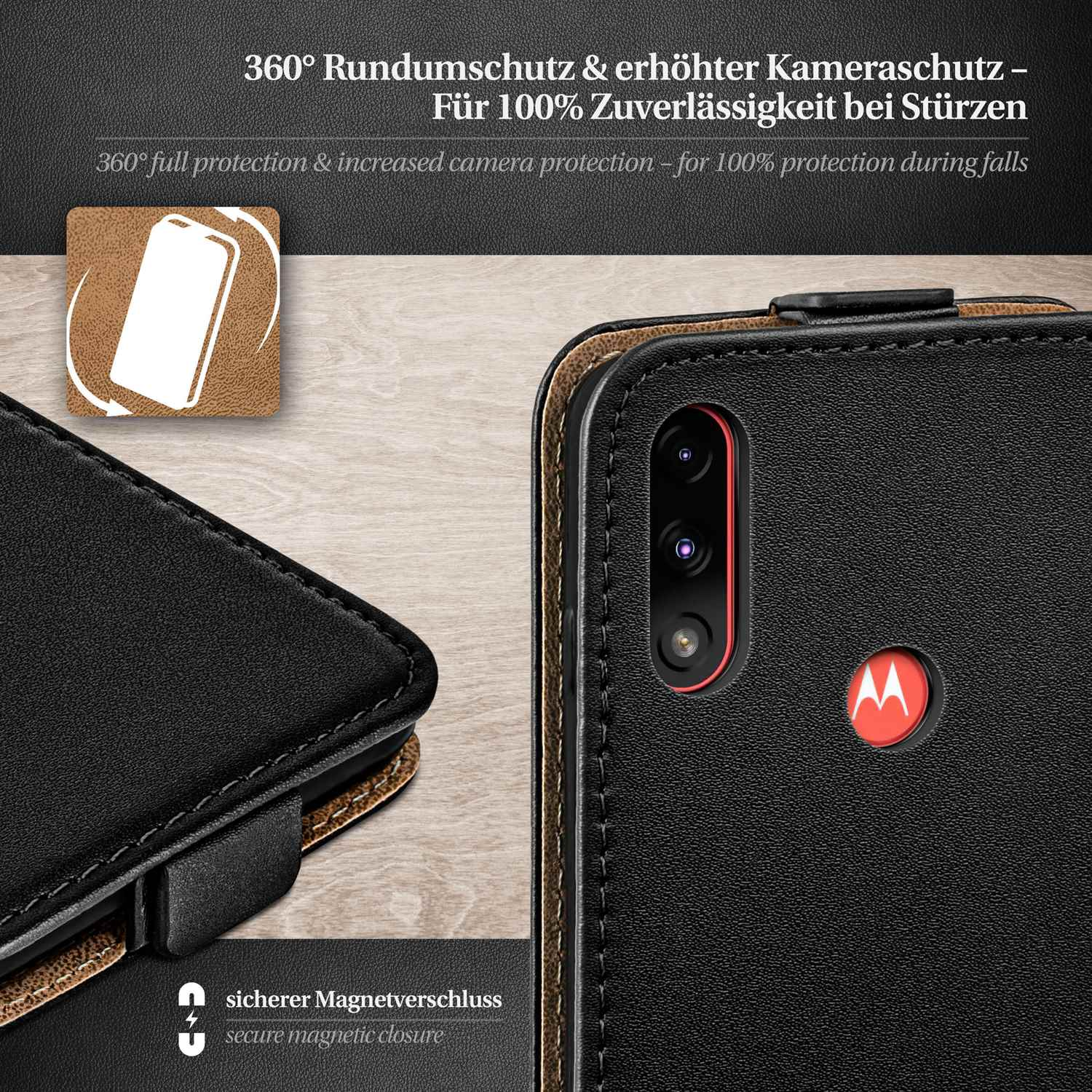 Schwarze Handyhülle mit Schutzhülle. Text: 360° Schutz. Sicherer Magnetverschluss.