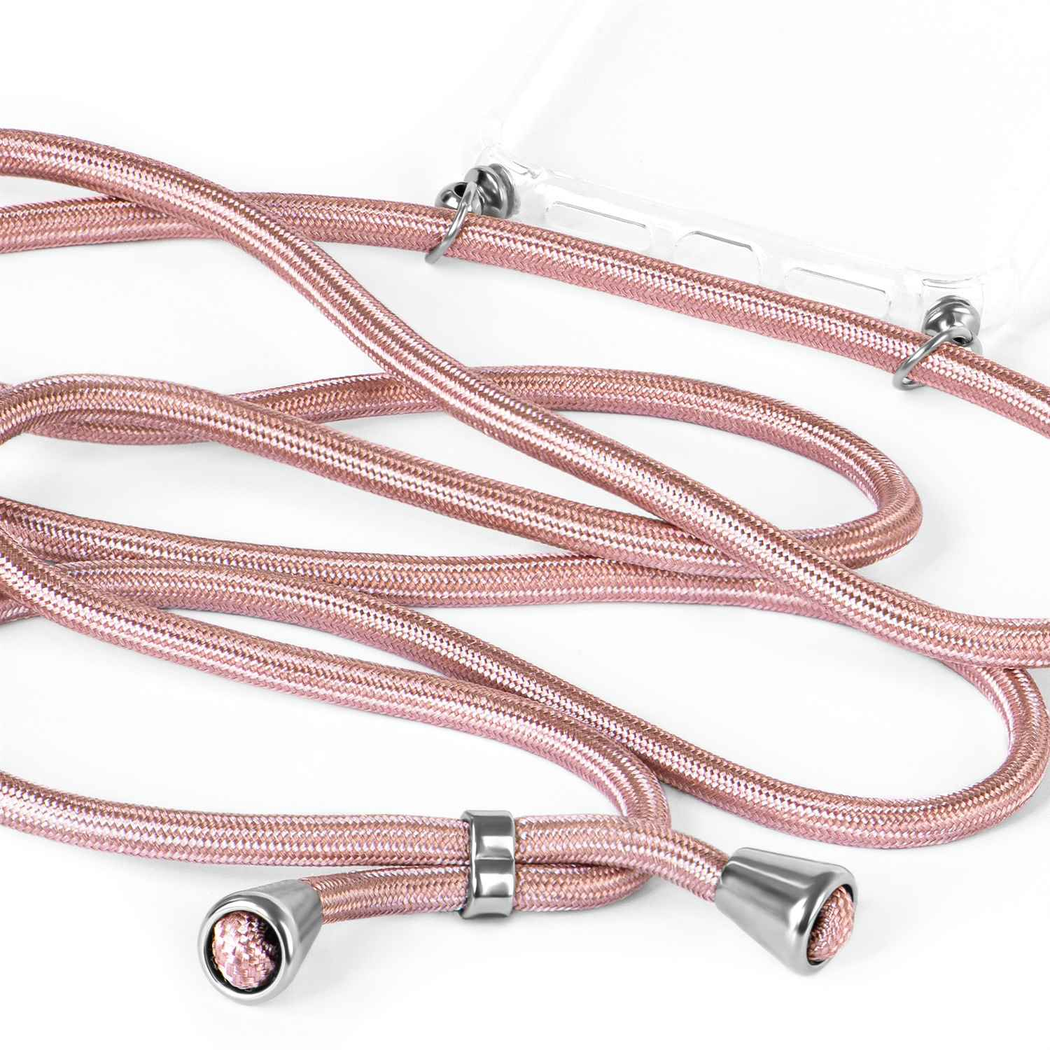 Nahaufnahme eines rosa Telefon-Lanyards mit Metallenden, geflochtenem Kordel und klarer Telefonhülle.