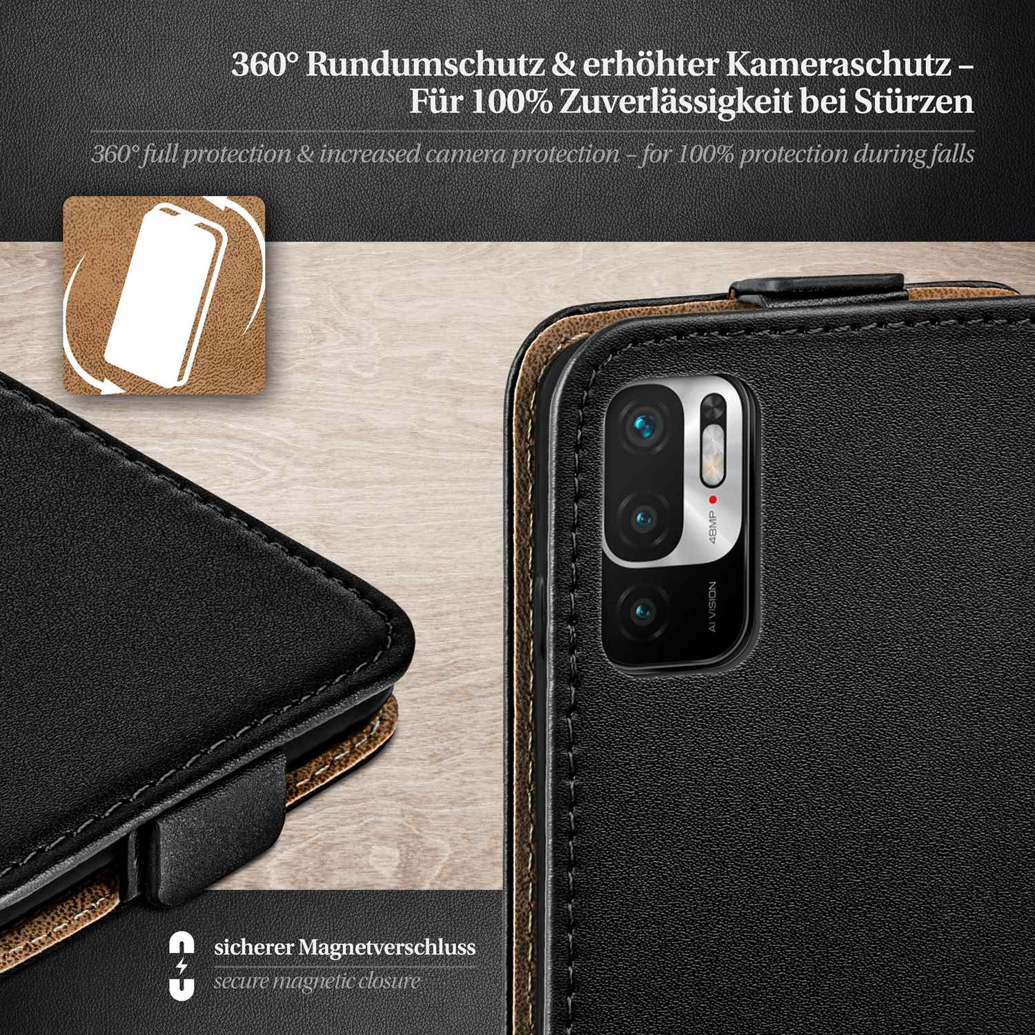 Nahaufnahme einer Handyhülle mit schwarzer lederähnlicher Textur. Text: '360° Rundumschutz'.