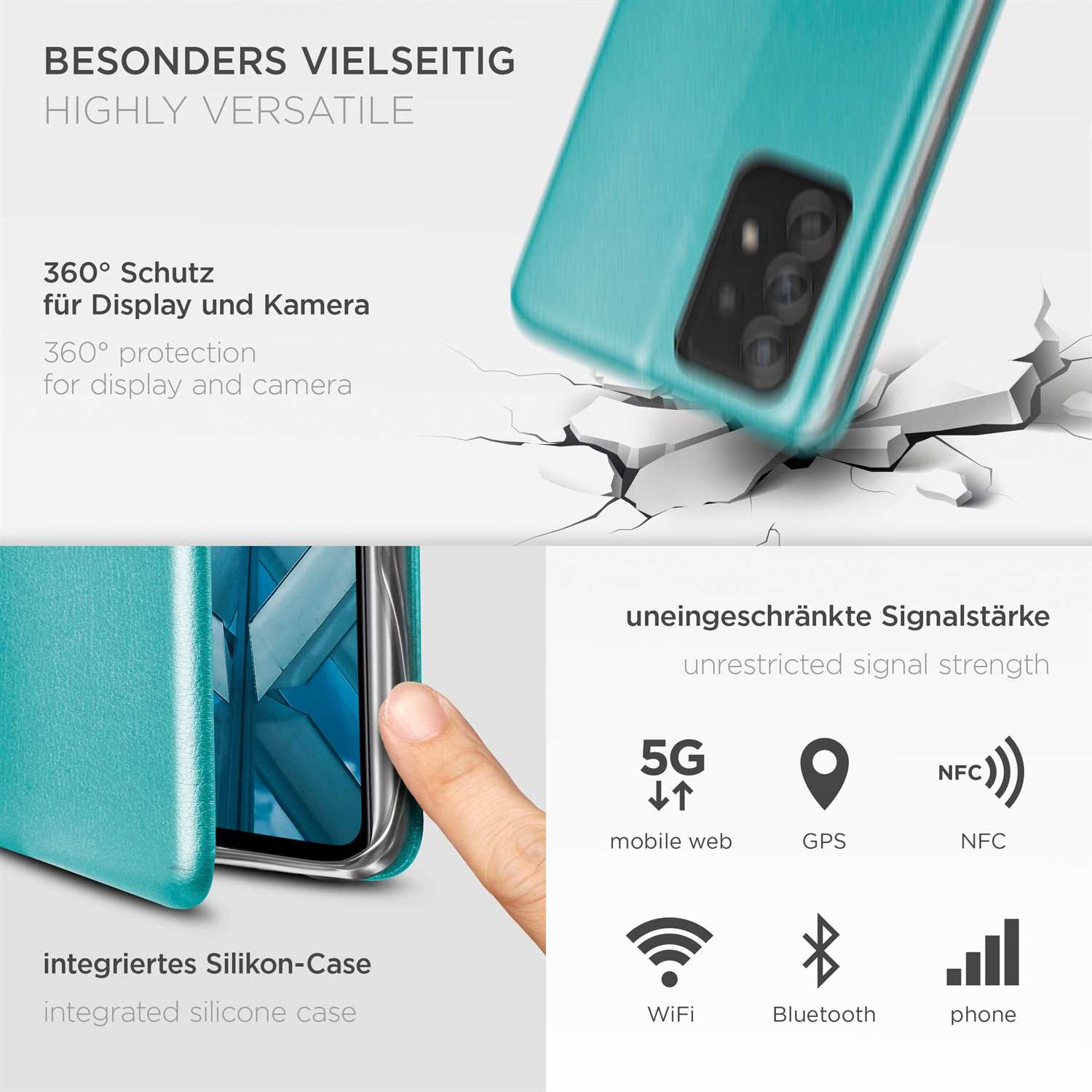 Türkise Handyhülle mit Text und Symbolen, die Funktionen wie 5G, GPS, NFC, WiFi und Bluetooth anzeigen.