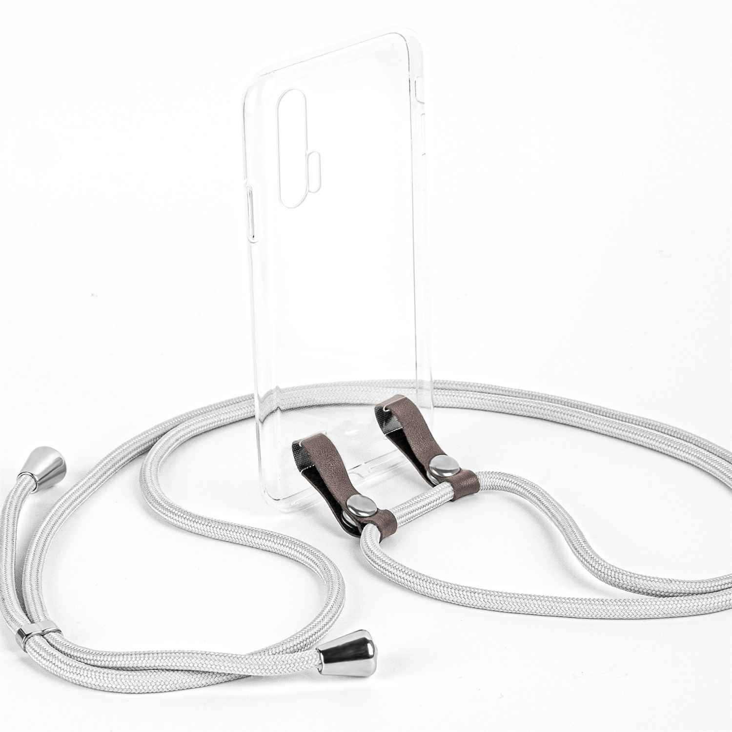 Silberner Telefonriemen mit klarer Handyhülle. Der Riemen hat silberne Metallenden.