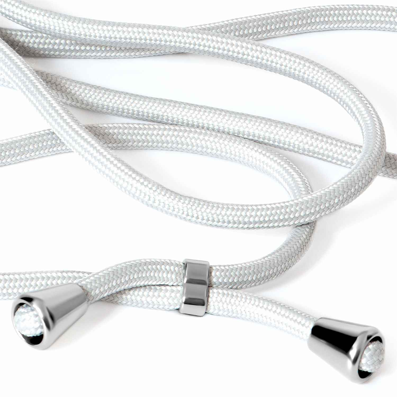 Nahaufnahme eines weißen Telefon-Lanyards mit Metallenden. Geflochtenes Seildetail.