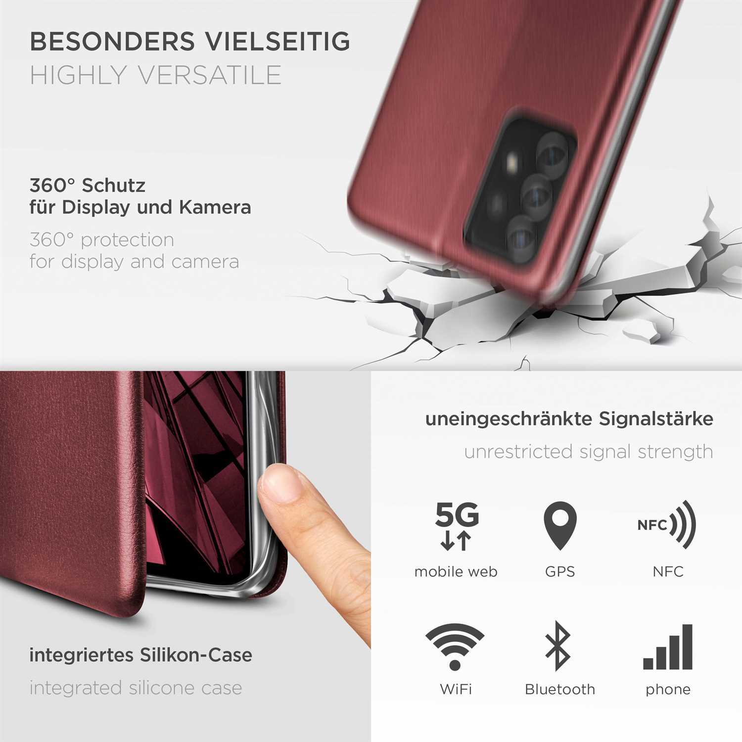 Handyhülle mit Funktionen. 360° Schutz, 5G, GPS, NFC, WLAN, Bluetooth und Telefon-Symbole werden angezeigt.