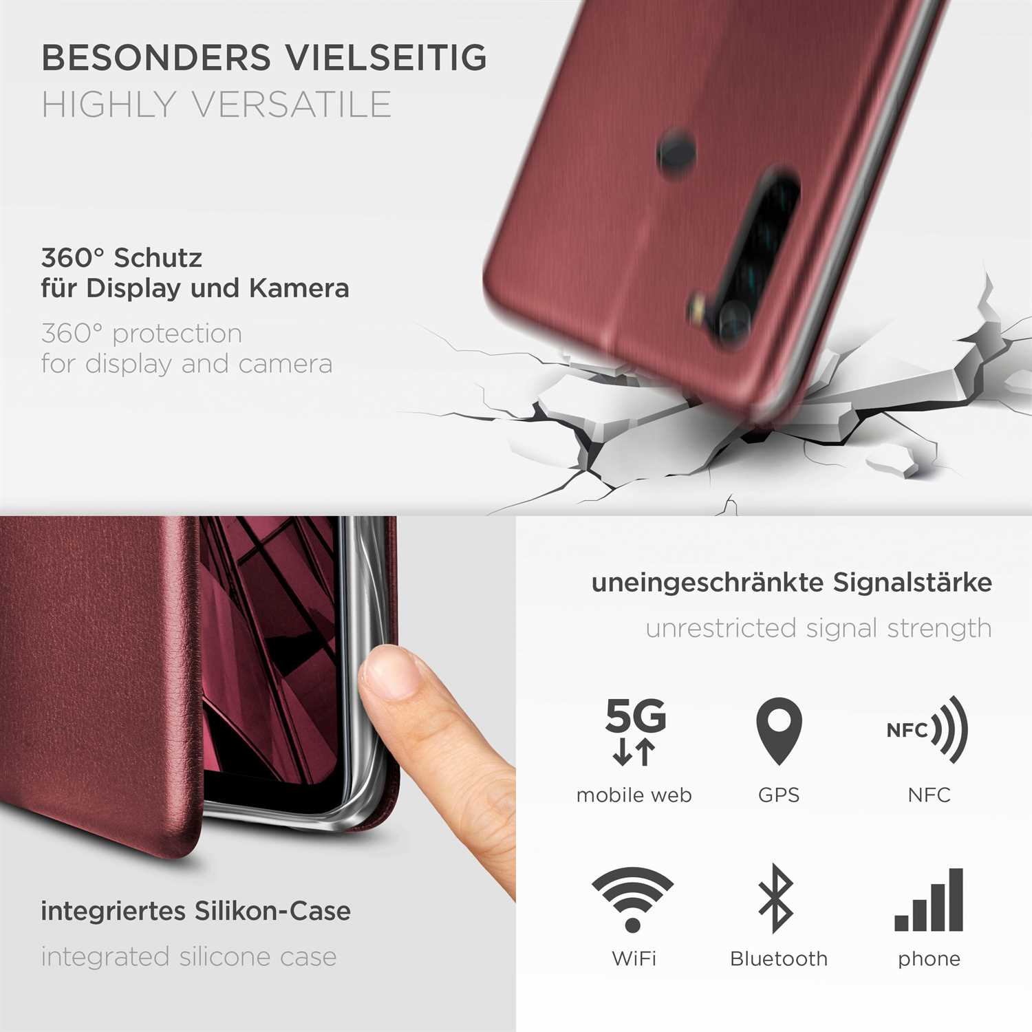 Eine Handyhülle mit Telefon, zusammen mit verschiedenen Symbolen, die Funktionen und Vorteile anzeigen.