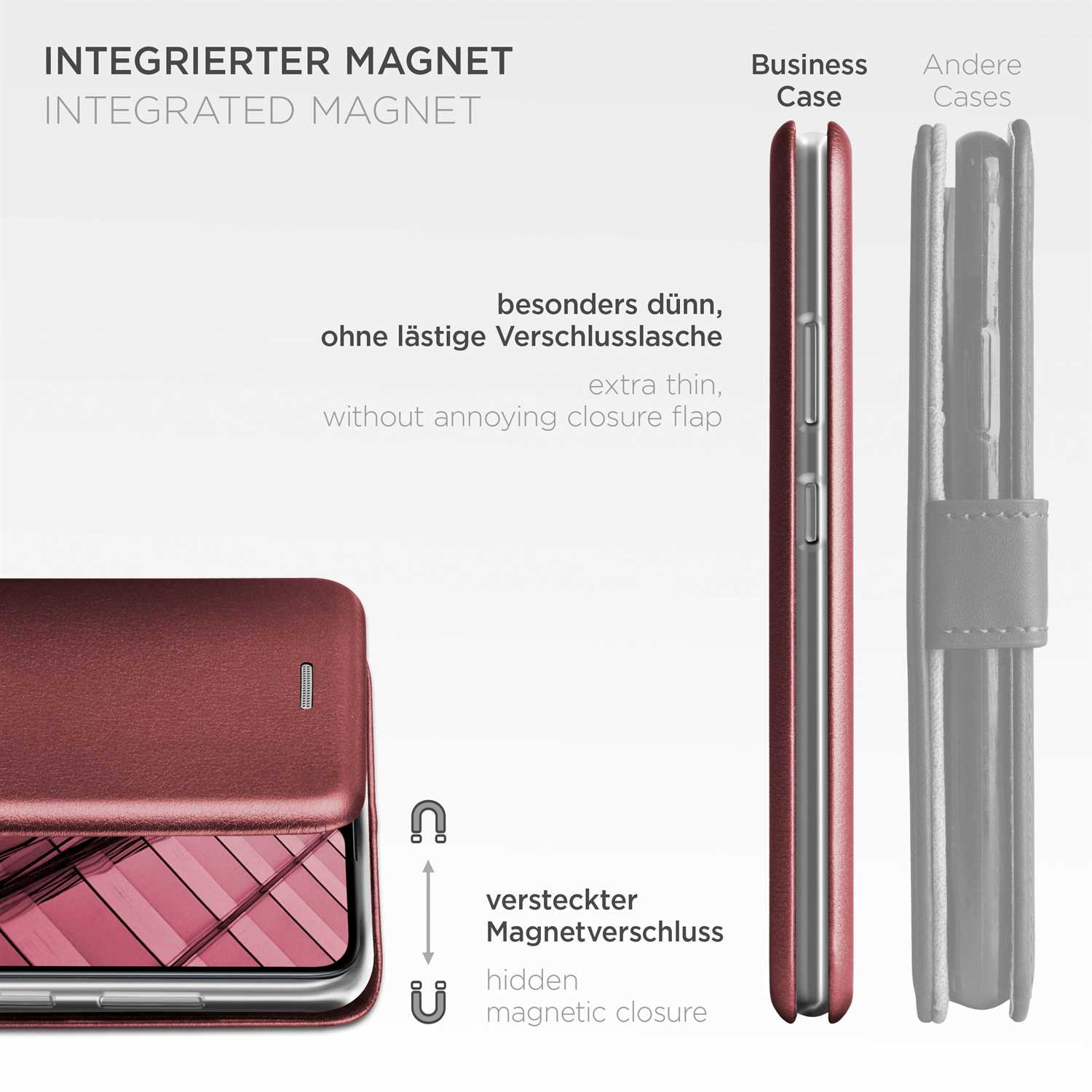 Rote Handyhülle mit Magnetverschluss, geöffnet, um das Telefon zu zeigen. Text auf Deutsch und Englisch.