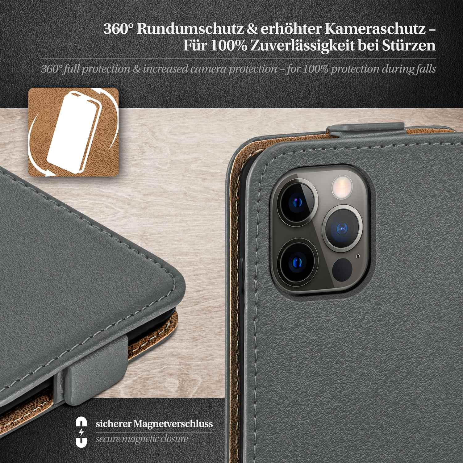 Graue Handyhülle mit Lederstruktur, Kameraausschnitten. Text: 360° Schutz und sicherer Magnetverschluss.