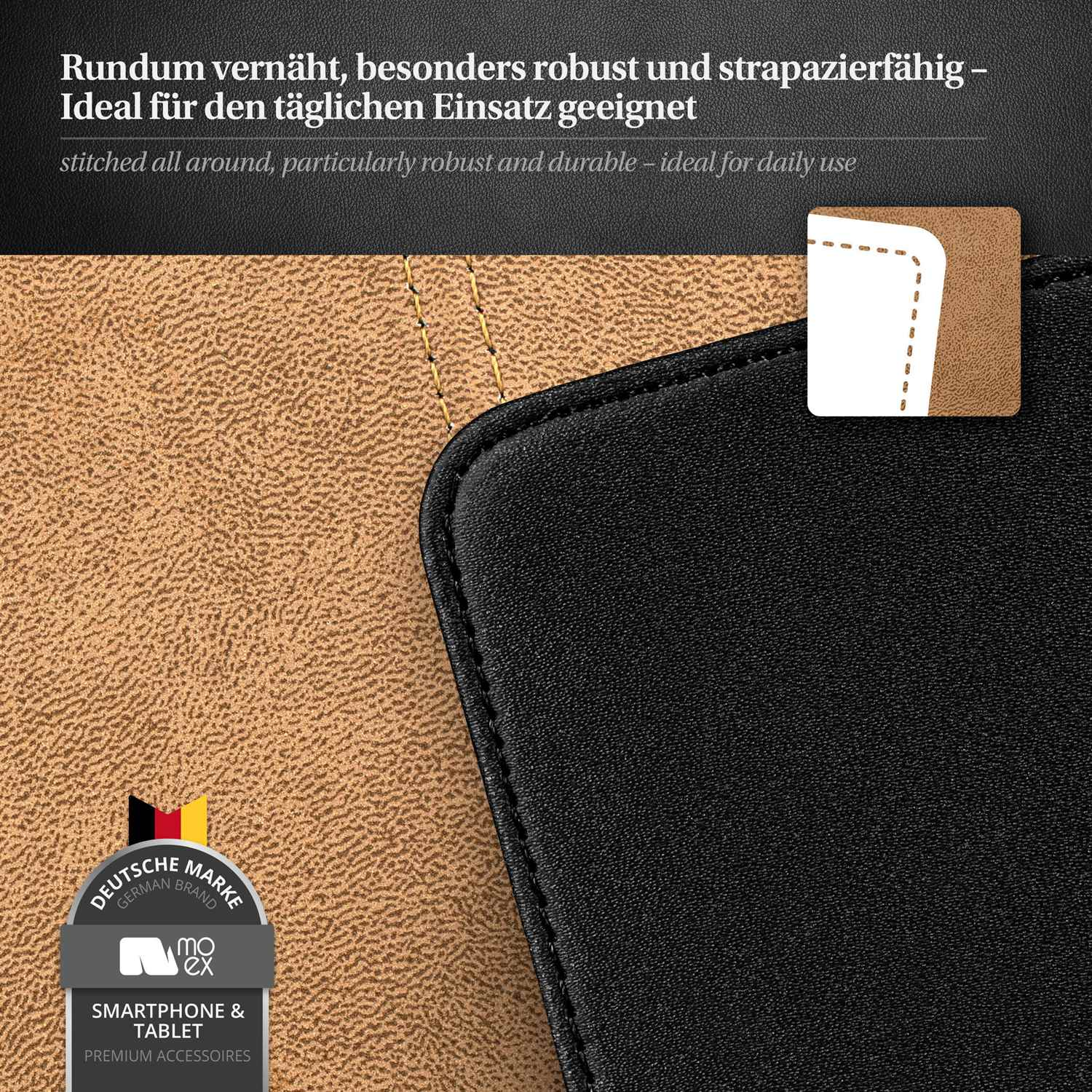 Nahaufnahme einer braunen und schwarzen Leder-Handyhülle mit Text und Logo. Brauner und beiger Hintergrund.