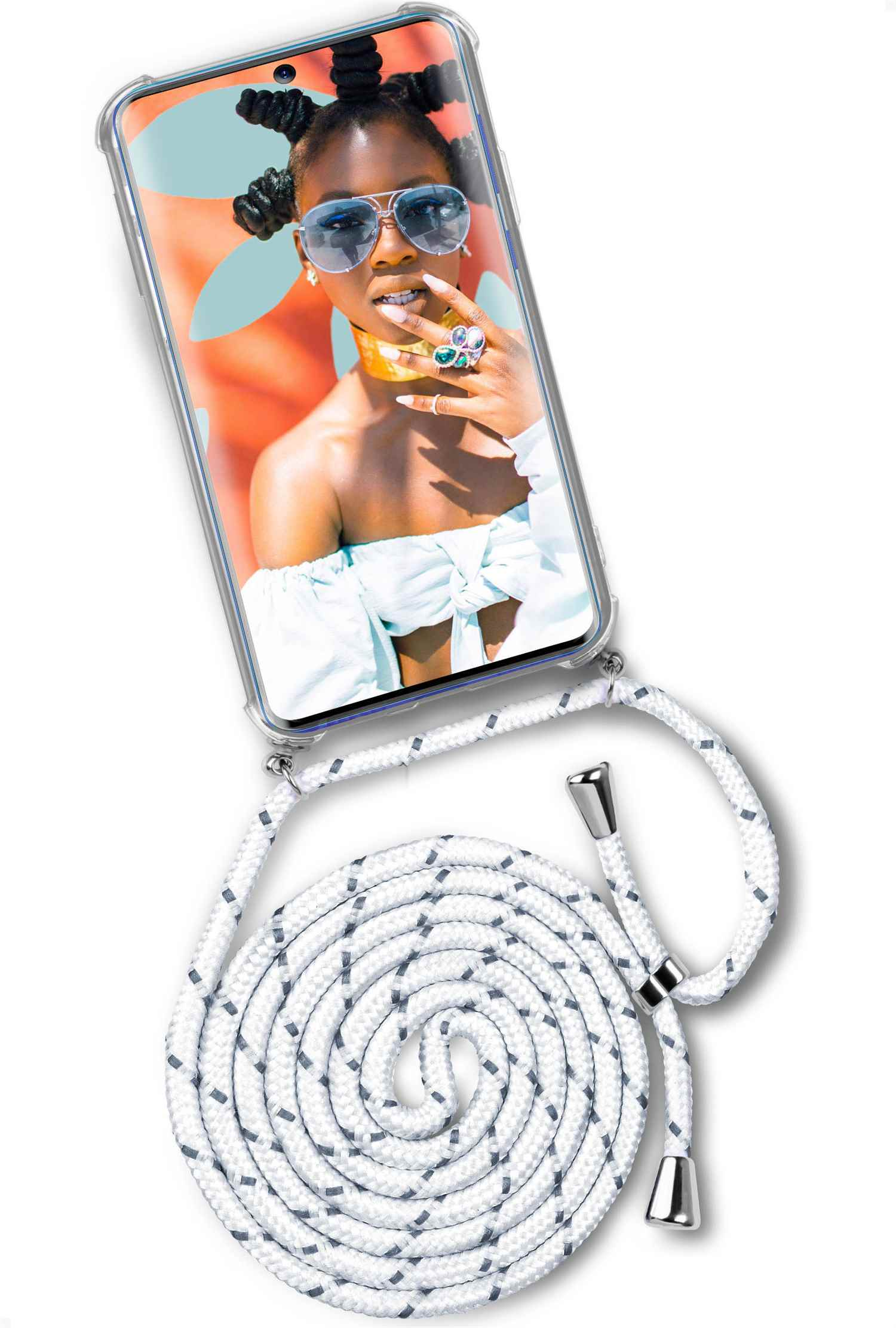 Telefon mit Frau mit Sonnenbrille, mit weiß-grauem Kabel.