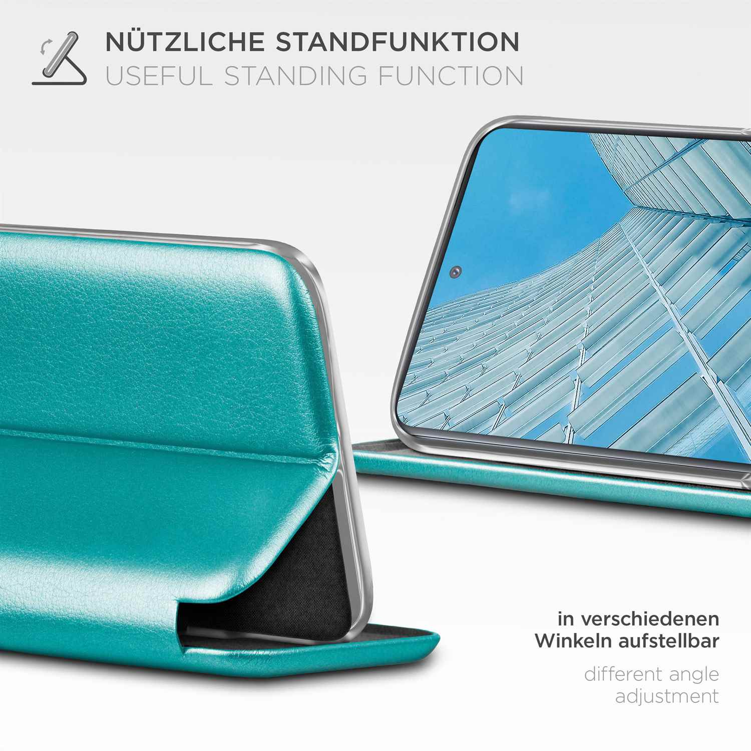 Eine Handyhülle mit Standfunktion und Text auf Deutsch über die Funktion.