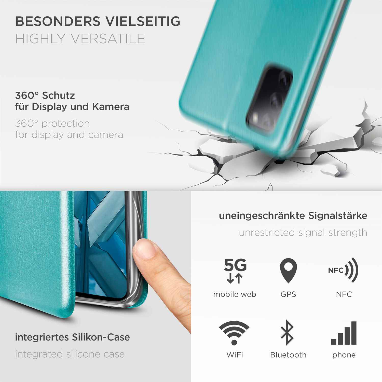 Türkisfarbenes Telefoncase mit Symbolen für 5G, GPS, NFC, WLAN, Bluetooth und Telefonsignal. Text: 360° Schutz.