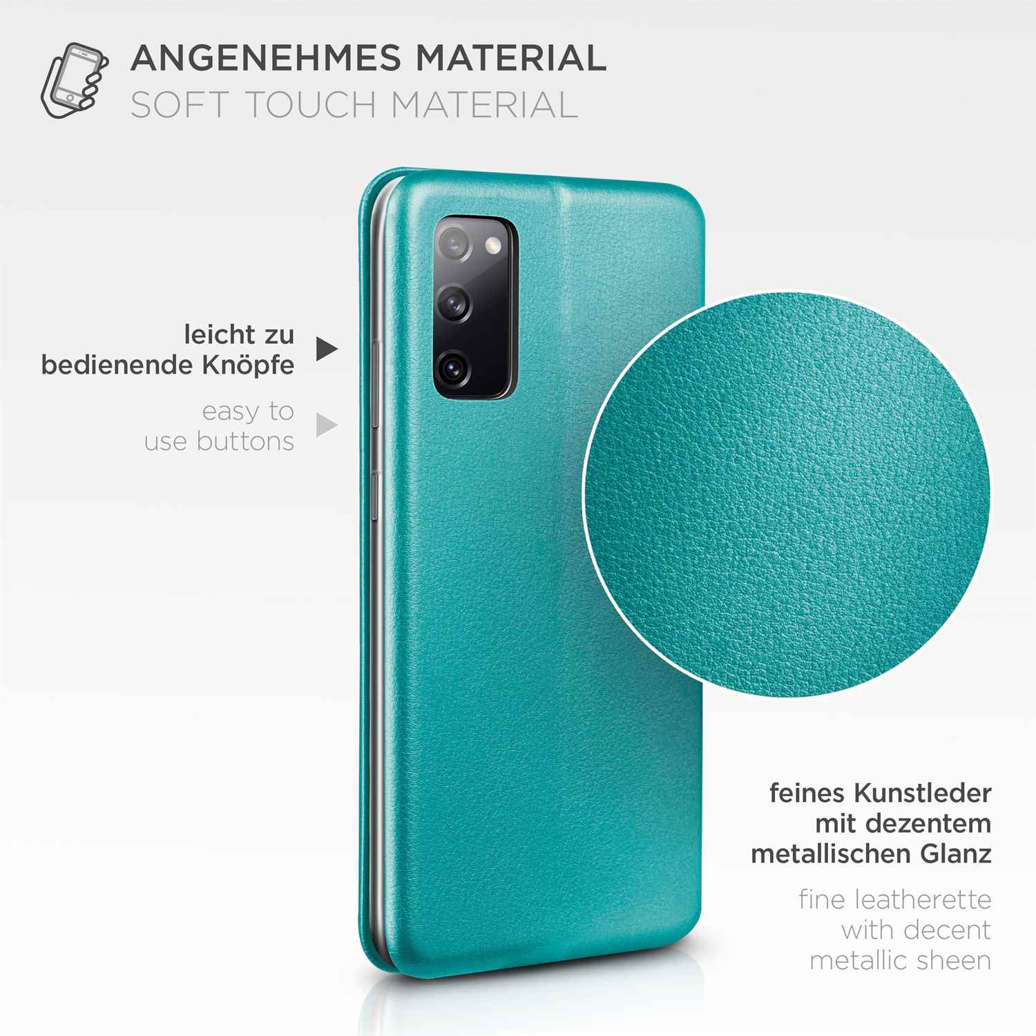 Türkis Handyhülle mit Text. Der Text lautet: Einfach zu bedienende Tasten, Soft-Touch-Material.