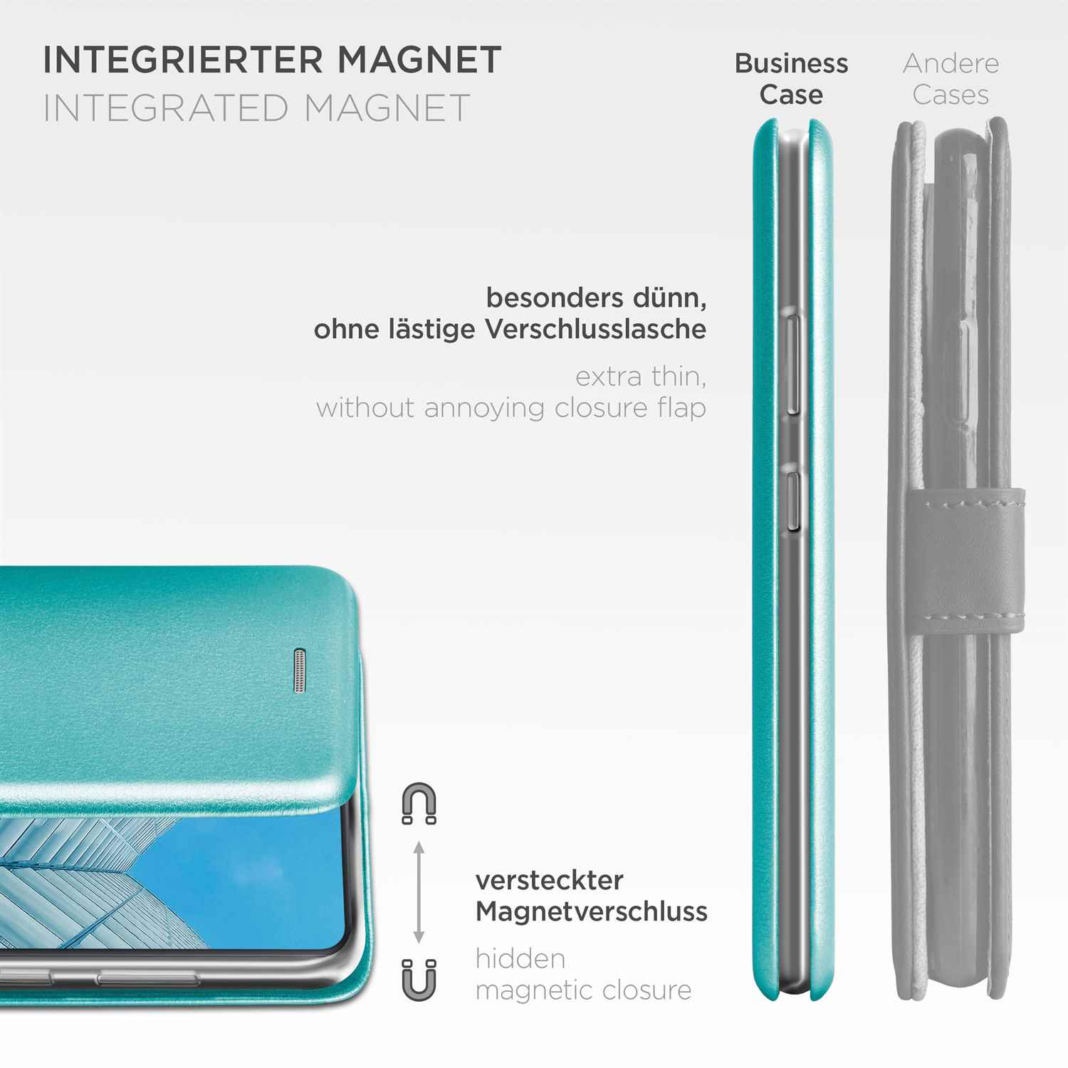 Türkisfarbene Flip-Handyhülle mit Text: integrierter Magnet, extra dünn ohne Verschlusslasche.