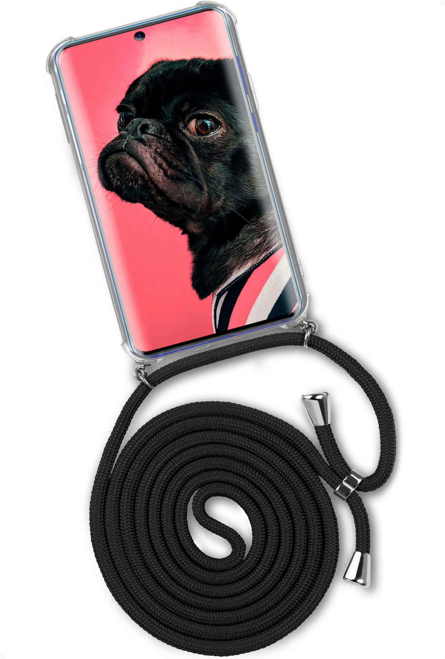 Telefon im Etui mit schwarzem Umhängeband, Bild eines schwarzen Mops.