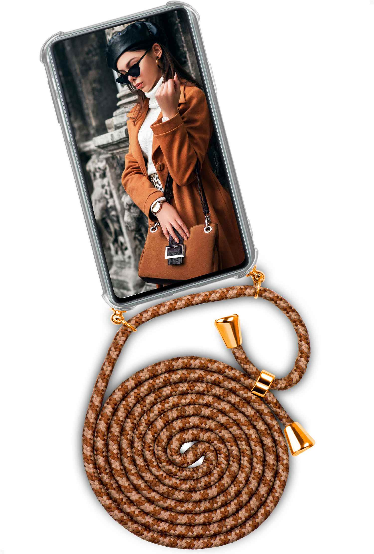Telefon mit Frau in Mantel und Hut. Braunes Telefonband, goldene Akzente.