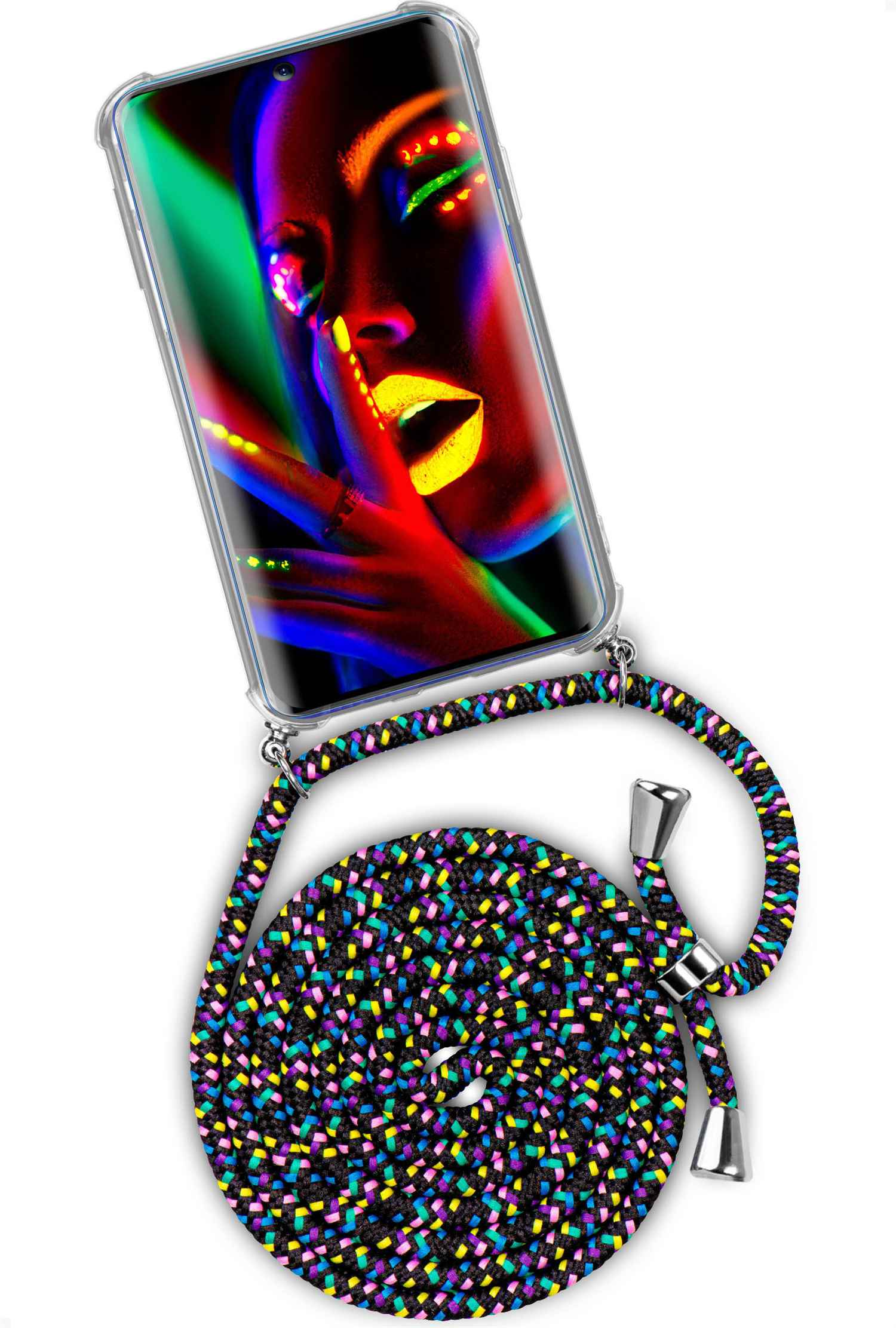 Telefon mit Neon-Kunst-Gesicht und mehrfarbigem Lanyard.