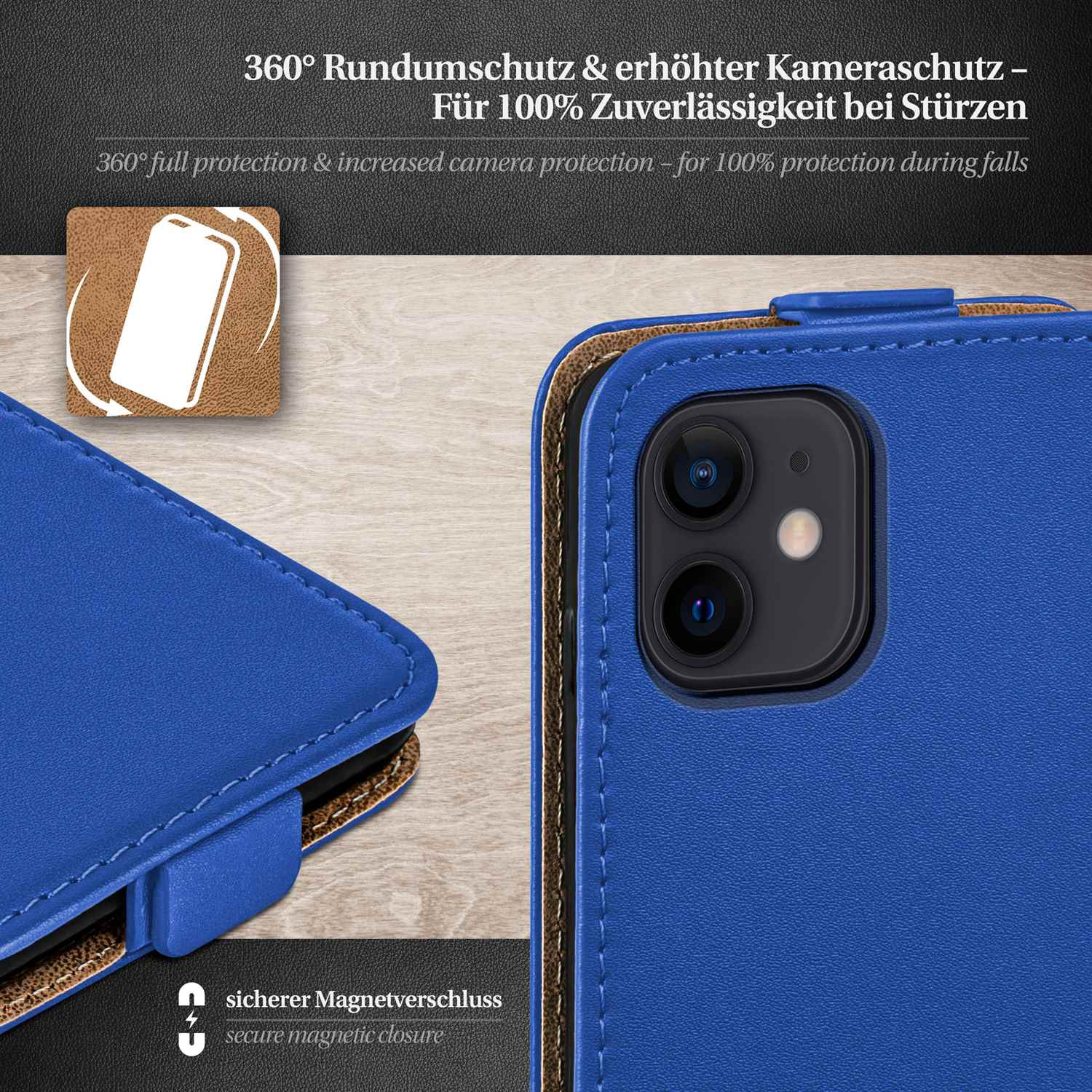 Eine blaue Handyhülle mit geschlossenem Deckel, die Schutzfunktionen und einen Magnetverschluss zeigt.