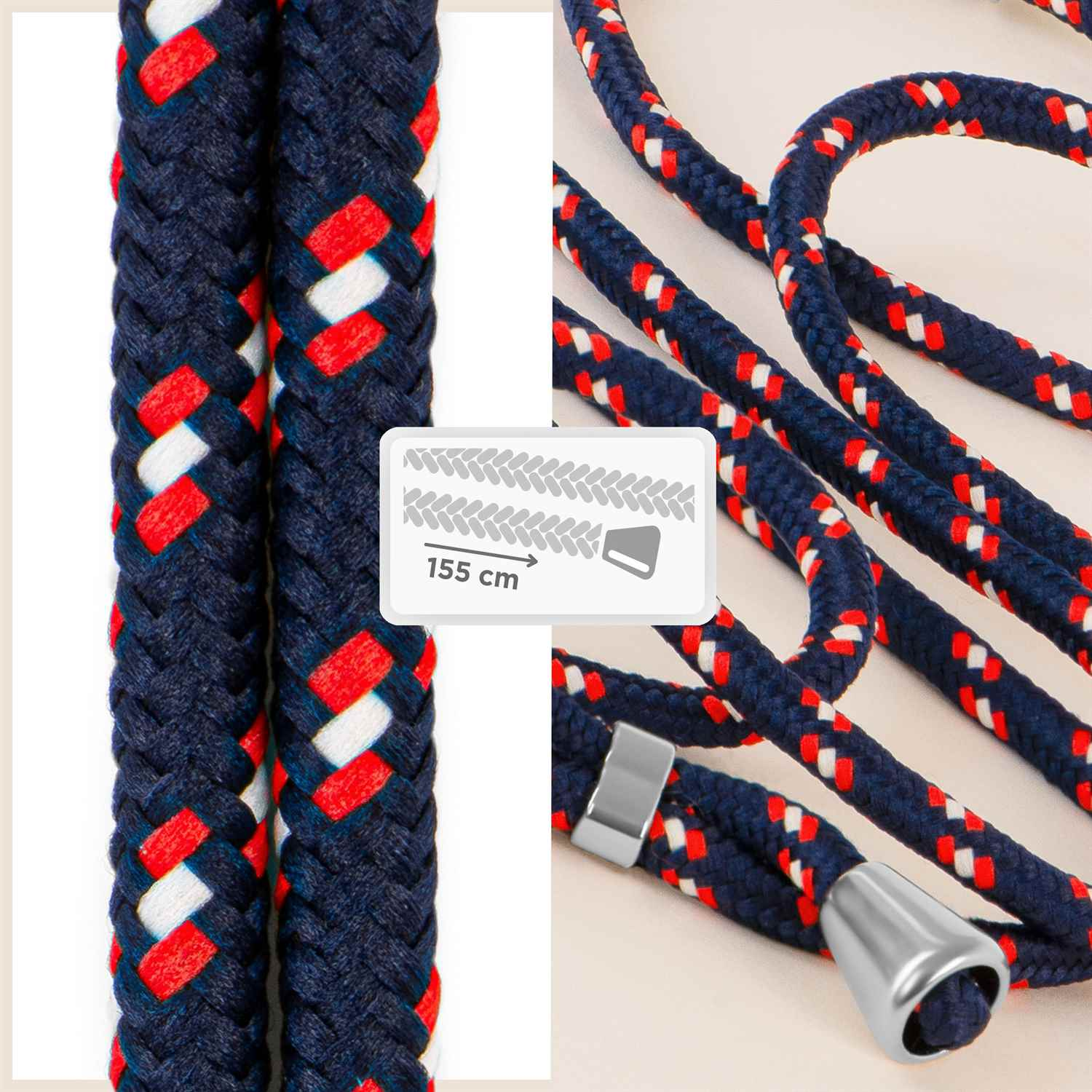 Nahaufnahme eines blau-roten Telefon-Lanyards. Ein Ende ist an einer Handyhülle befestigt. Eine Textbox zeigt 155 cm.